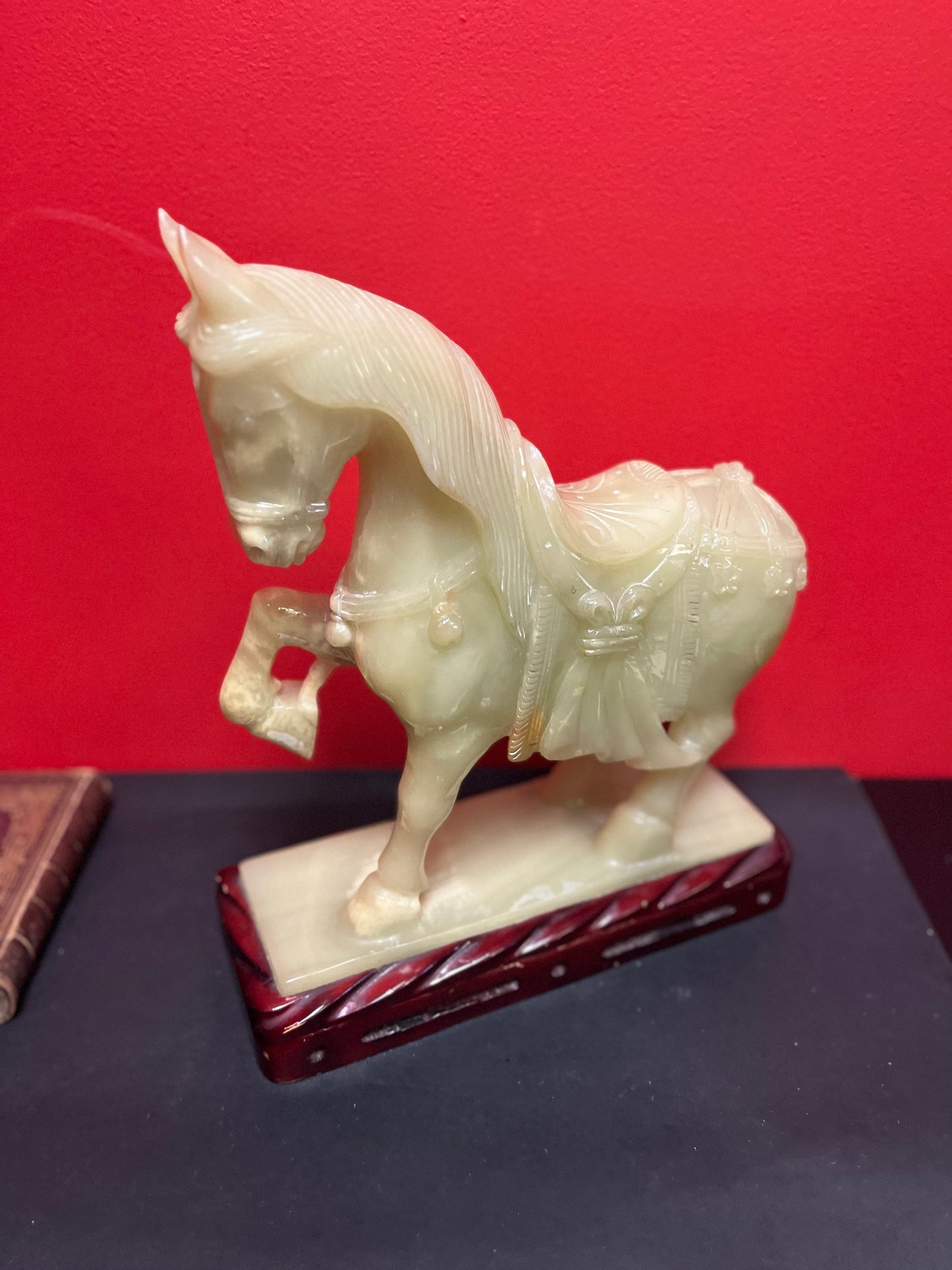 extremely rare and wonderful 13 x 15 high chinese stone horse on Rosewood base   believed to be jade or jadeite  very very heavy - wow