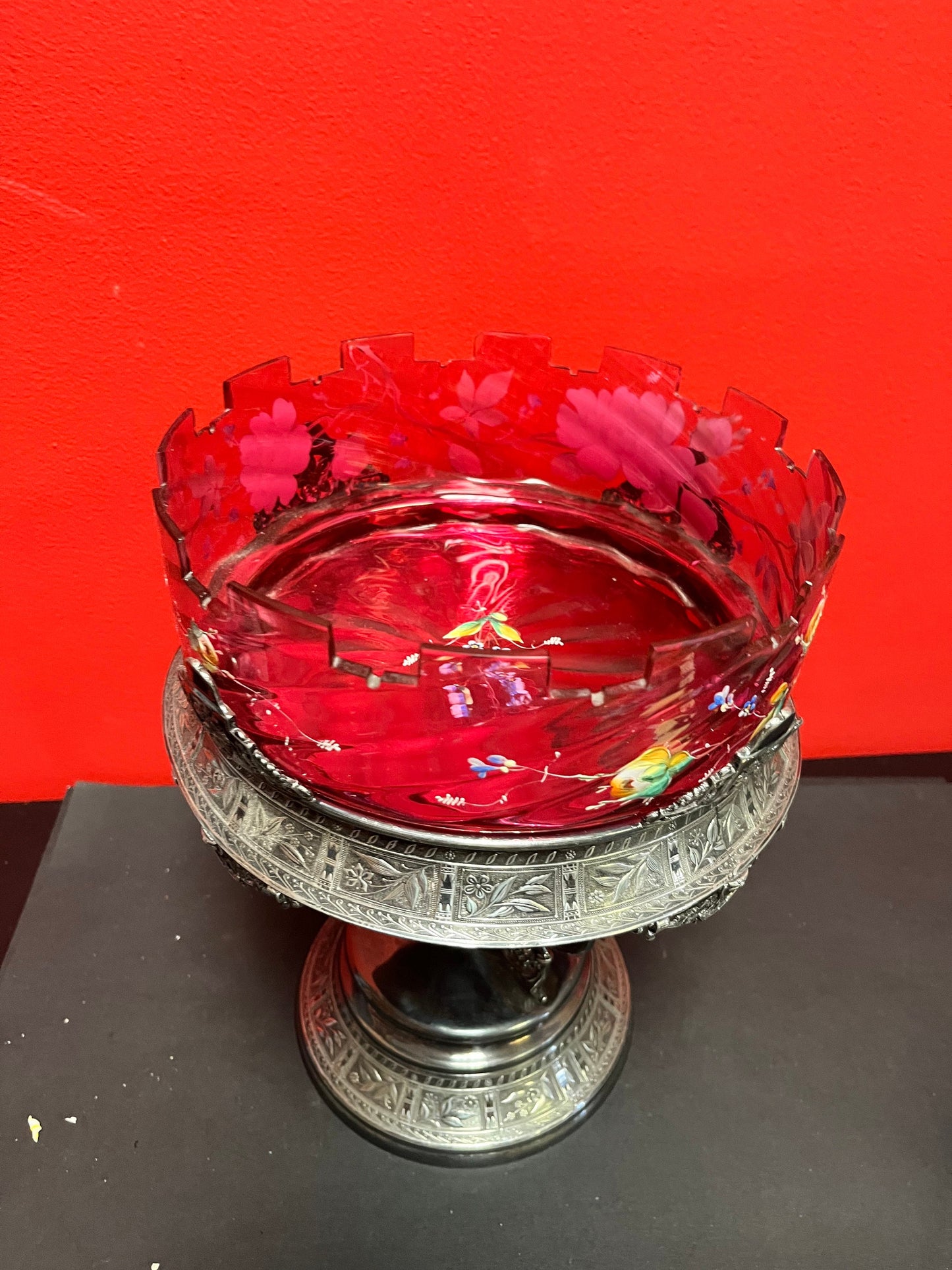 Stunning late 19 century cranberry glass and silver plate bridal basket on stand  wonderful condition  masterpiece