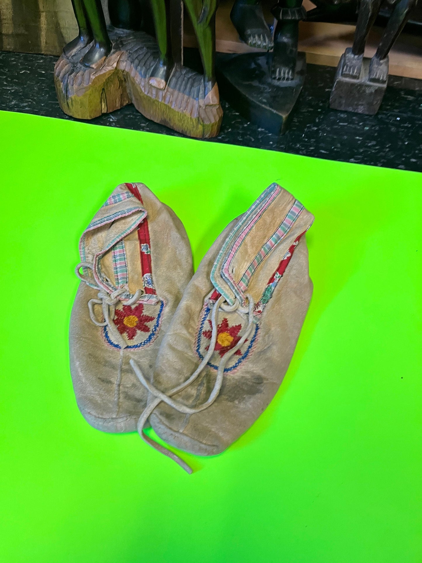 7 inch indigenous first nations antique leather and beaded moccasins  lovely condition