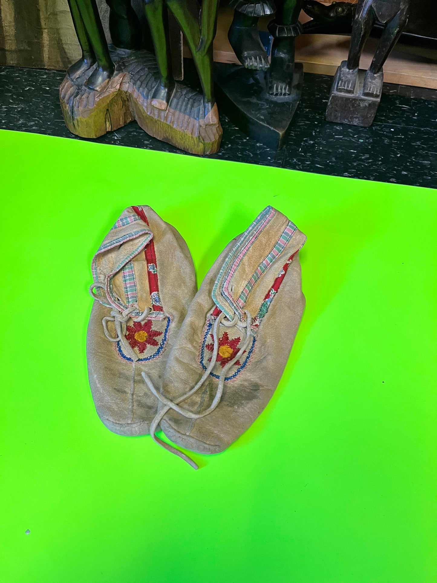 7 inch indigenous first nations antique leather and beaded moccasins  lovely condition