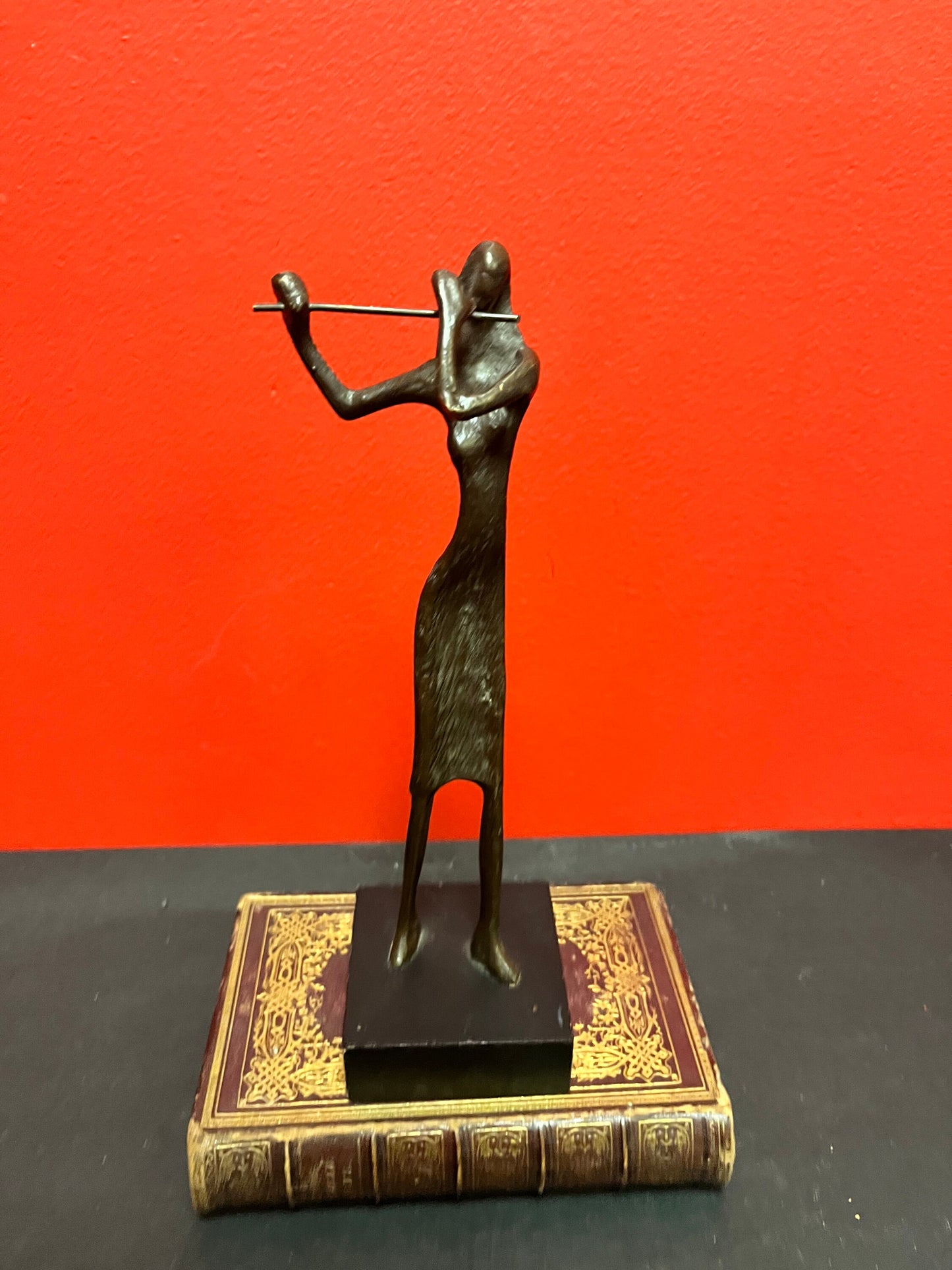 Lovely stylized 10 inch bronze flutist and on stand  super gift