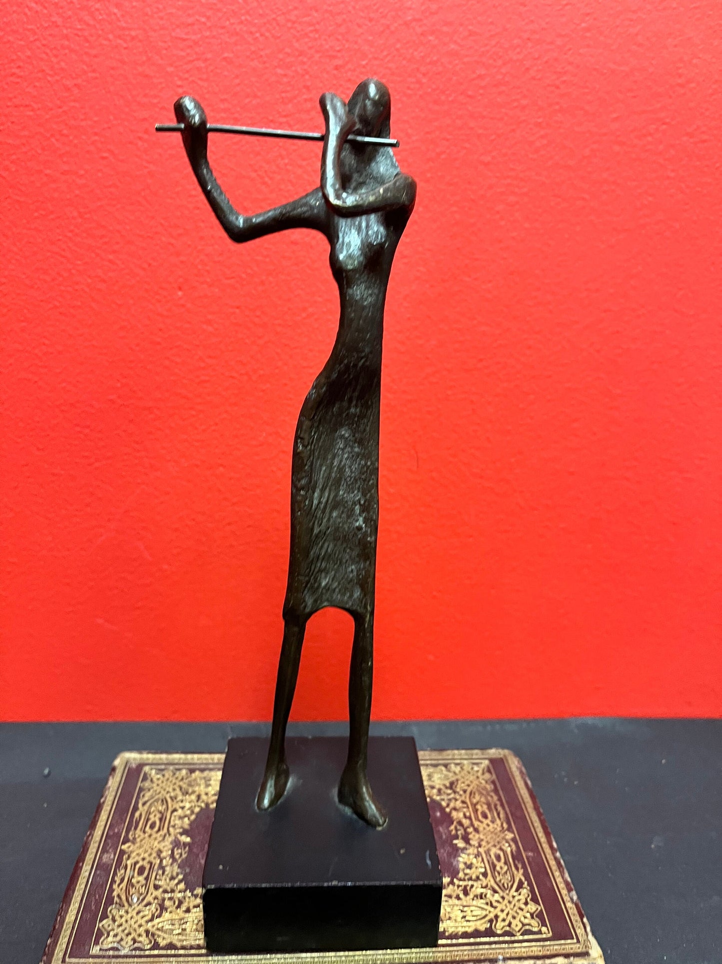 Lovely stylized 10 inch bronze flutist and on stand  super gift
