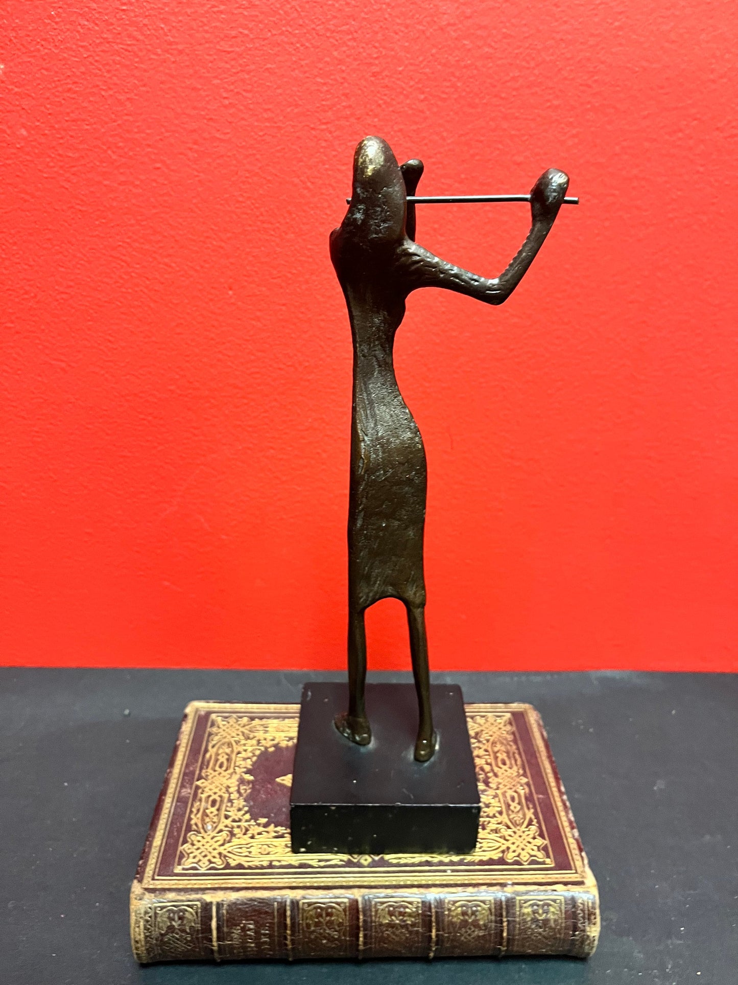 Lovely stylized 10 inch bronze flutist and on stand  super gift