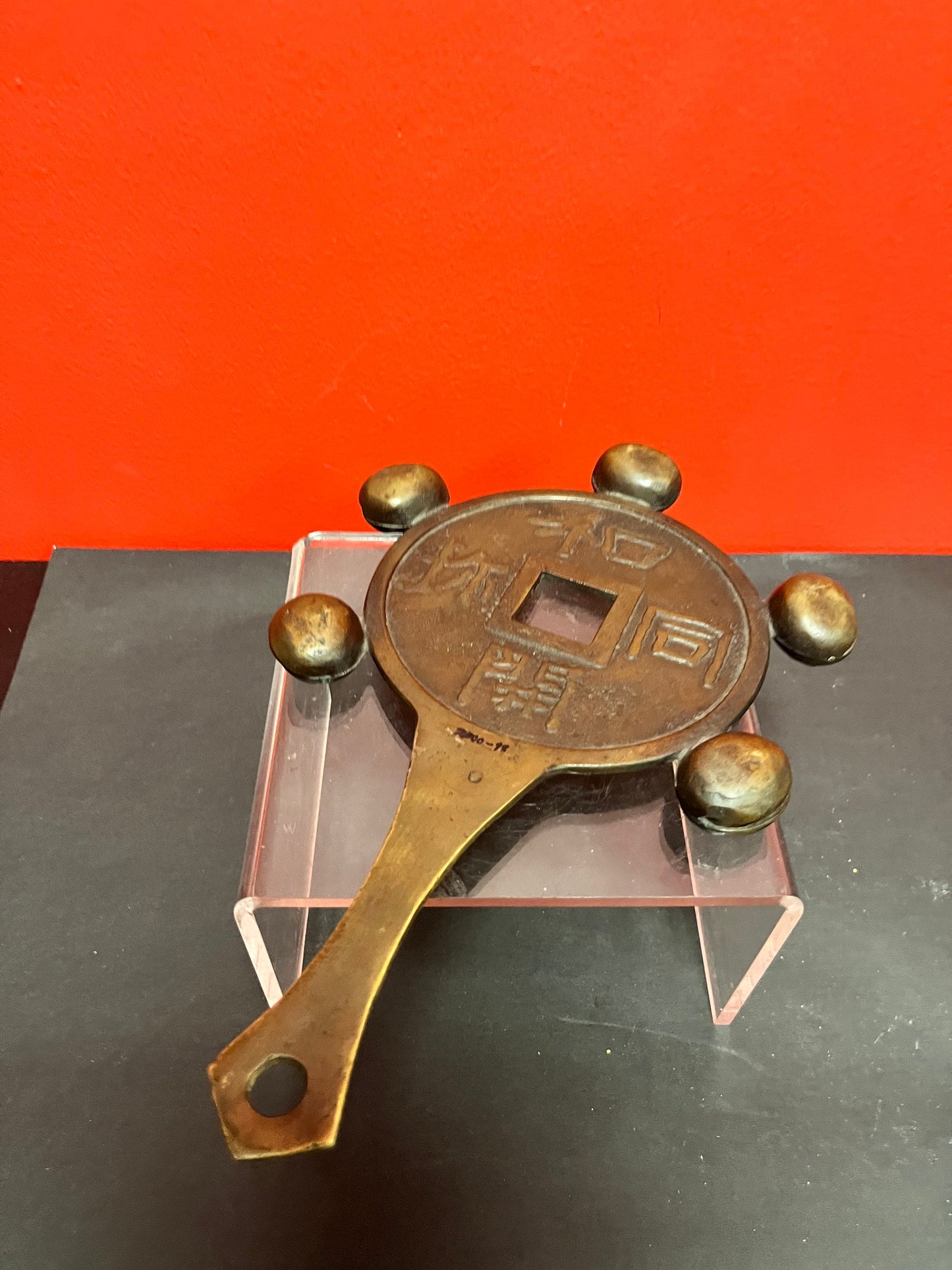 Fabulous 19 century 11 x 7 1/2 wide Japanese bronze mirror and rattle with sound  lovely Patina