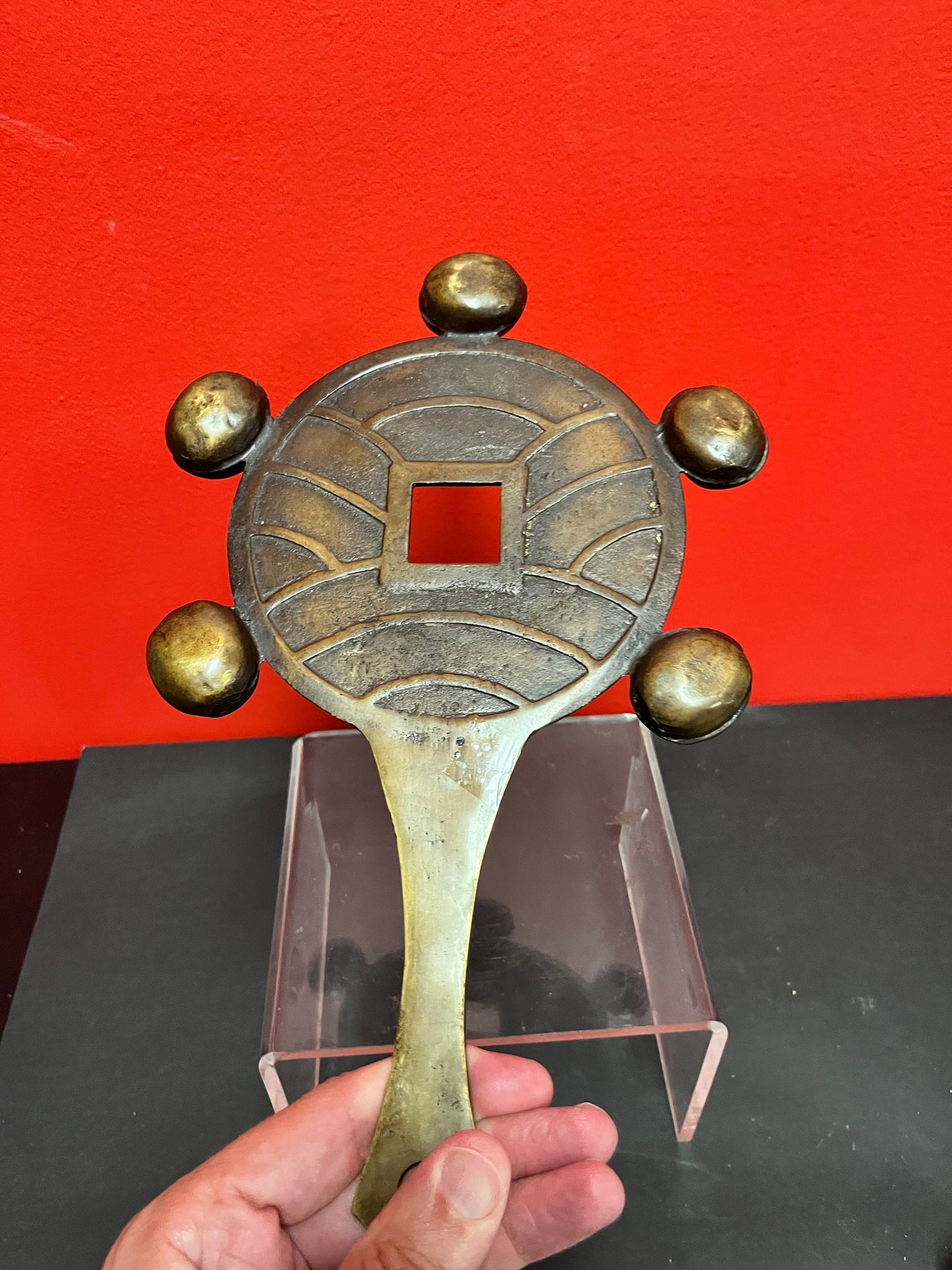 Fabulous 19 century 11 x 7 1/2 wide Japanese bronze mirror and rattle with sound  lovely Patina