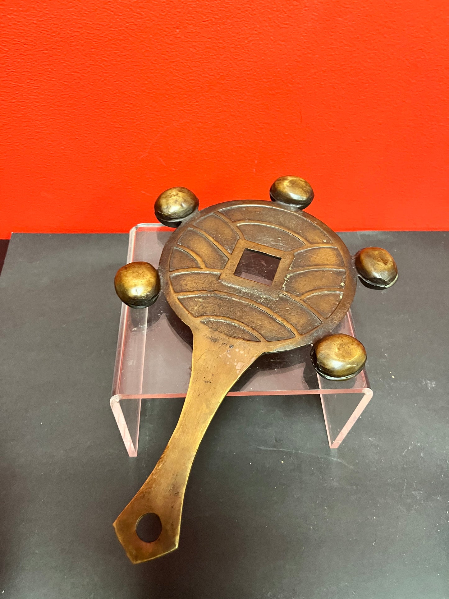 Fabulous 19 century 11 x 7 1/2 wide Japanese bronze mirror and rattle with sound  lovely Patina