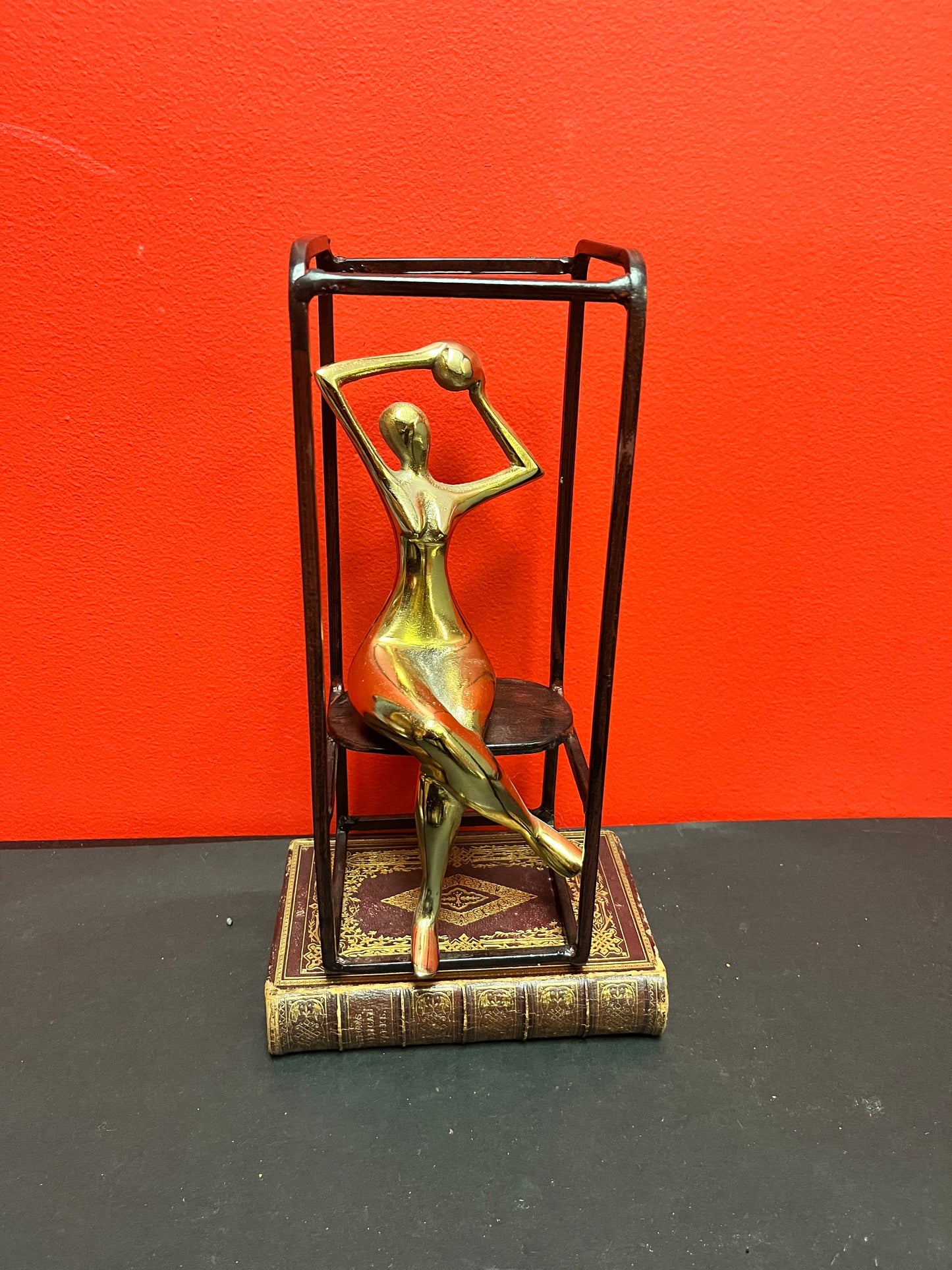 Stunning 11 x 4 wide bronze and brass deco nude in a cage   fabulous look  moderne beauty