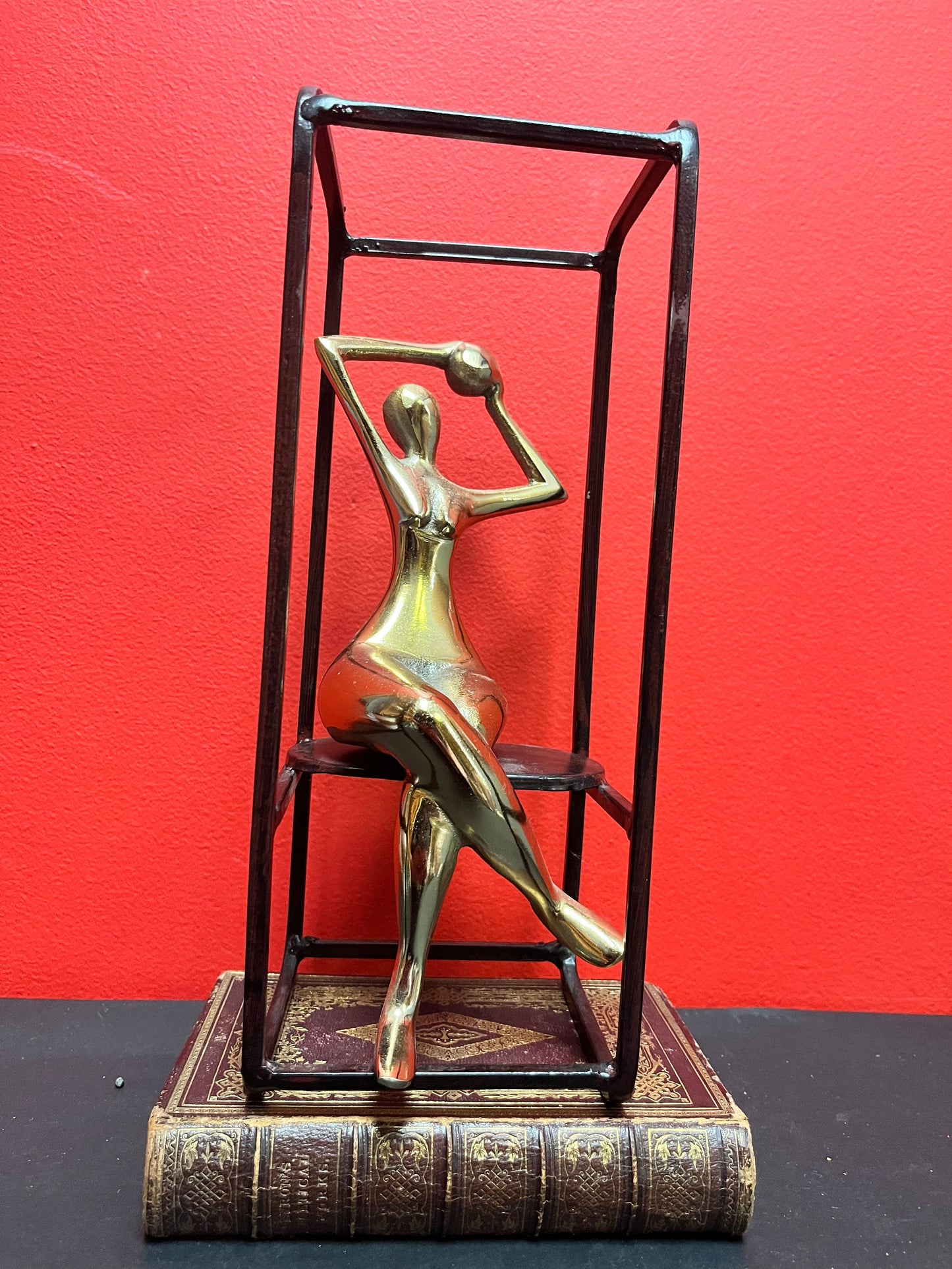 Stunning 11 x 4 wide bronze and brass deco nude in a cage   fabulous look  moderne beauty
