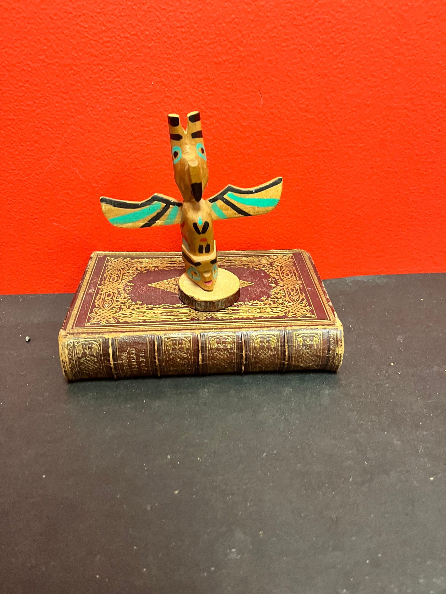 A  5 x 4 1/2 wide  unusual 1950s indigenous, first nations Pacific Northwest polychrome totem pole - great colours