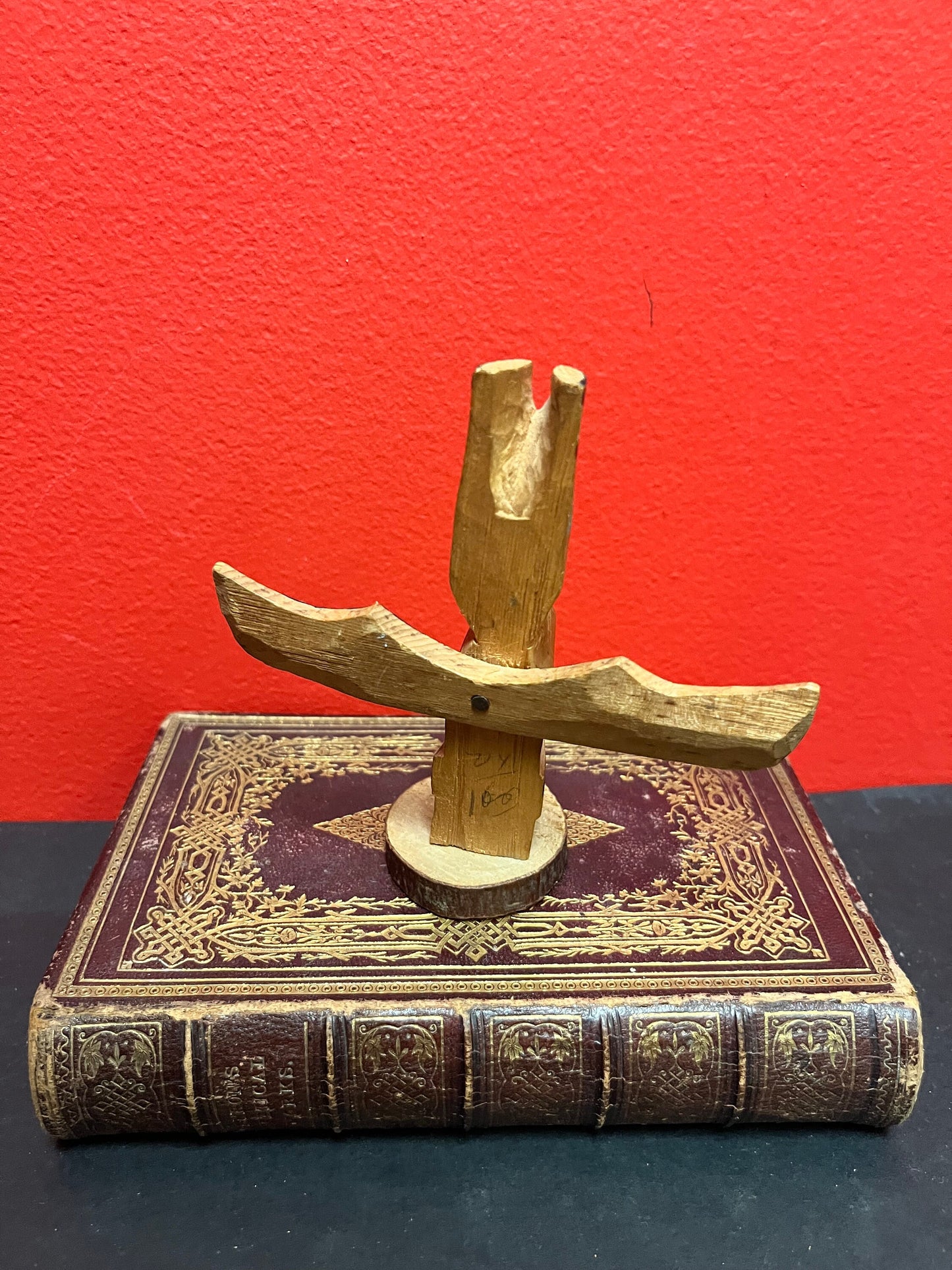 A  5 x 4 1/2 wide  unusual 1950s indigenous, first nations Pacific Northwest polychrome totem pole - great colours