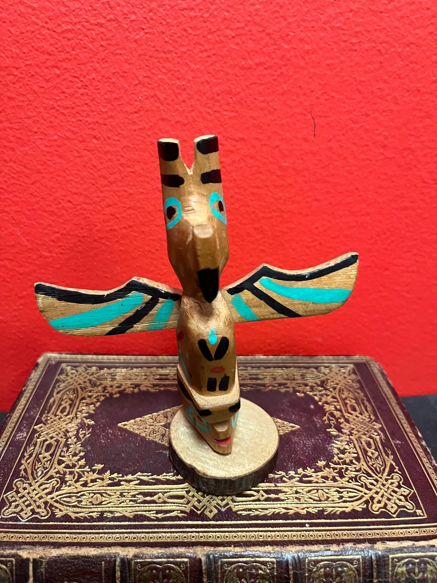 A  5 x 4 1/2 wide  unusual 1950s indigenous, first nations Pacific Northwest polychrome totem pole - great colours