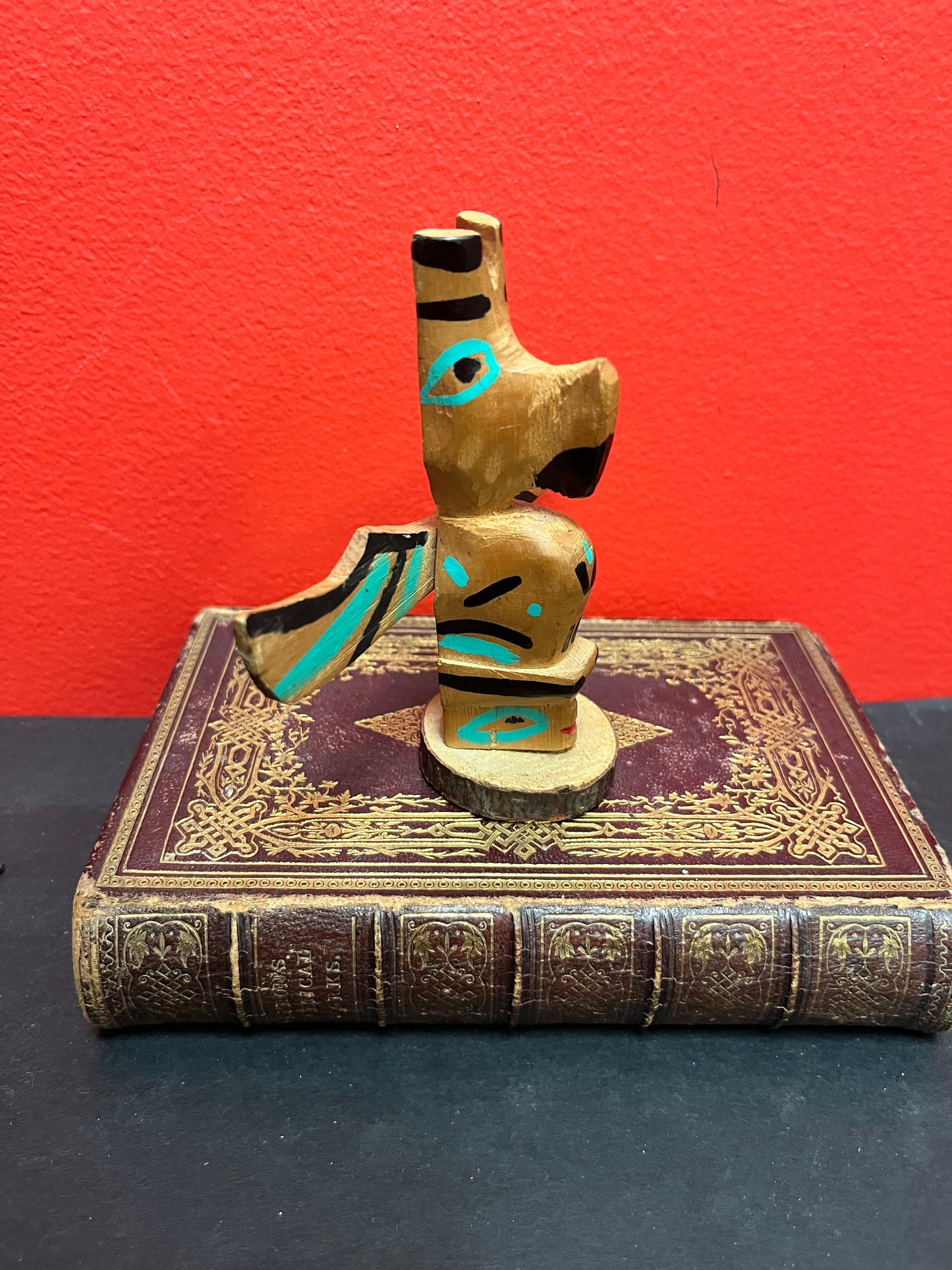 A  5 x 4 1/2 wide  unusual 1950s indigenous, first nations Pacific Northwest polychrome totem pole - great colours