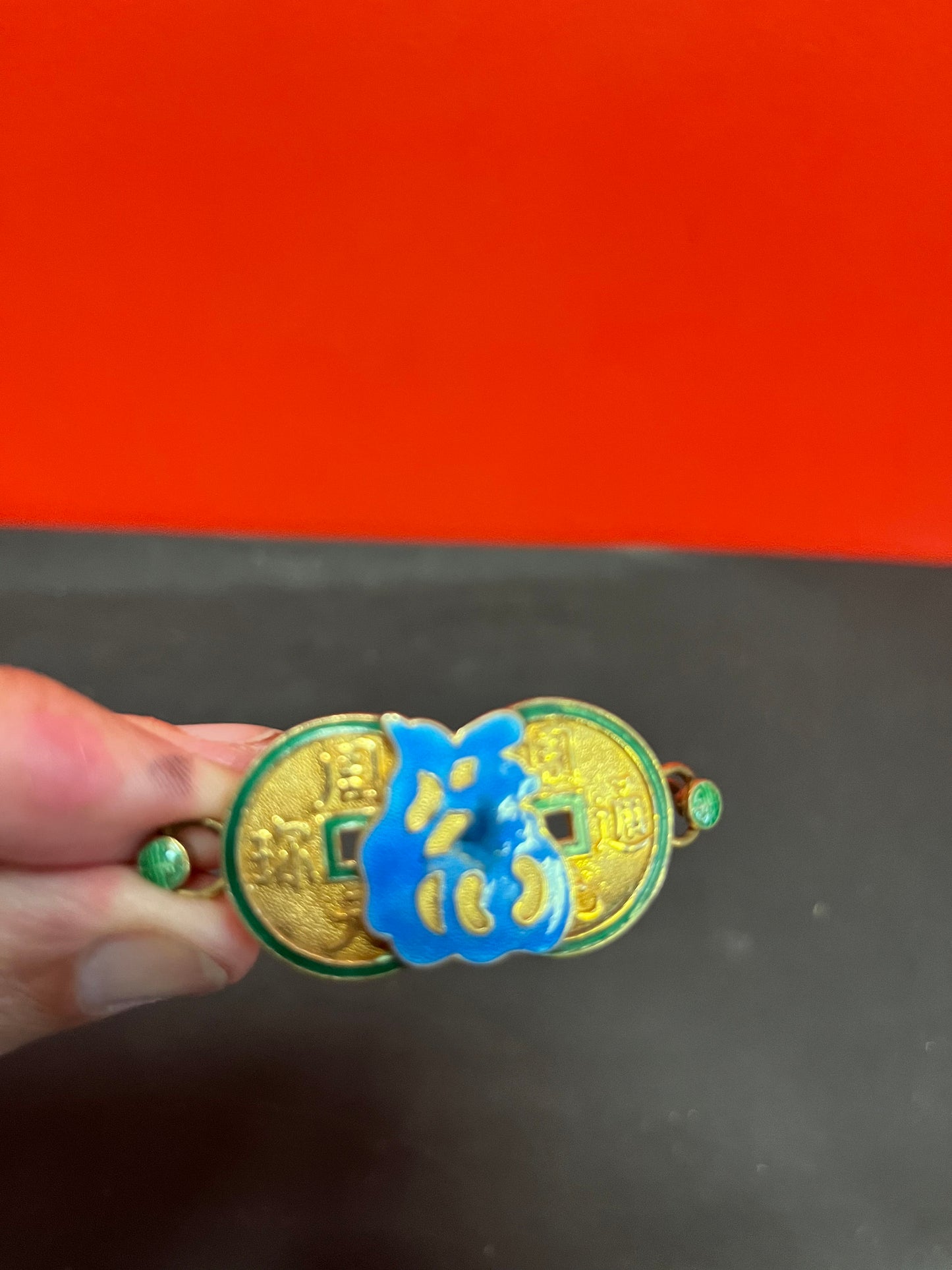 2.25 inch wide Chinese silver  and enamel bracelet.