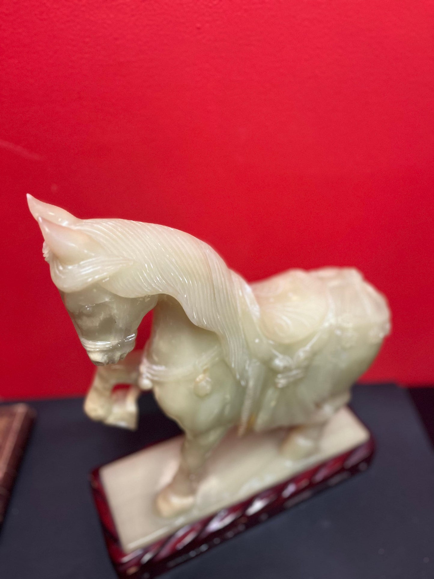 extremely rare and wonderful 13 x 15 high chinese stone horse on Rosewood base   believed to be jade or jadeite  very very heavy - wow