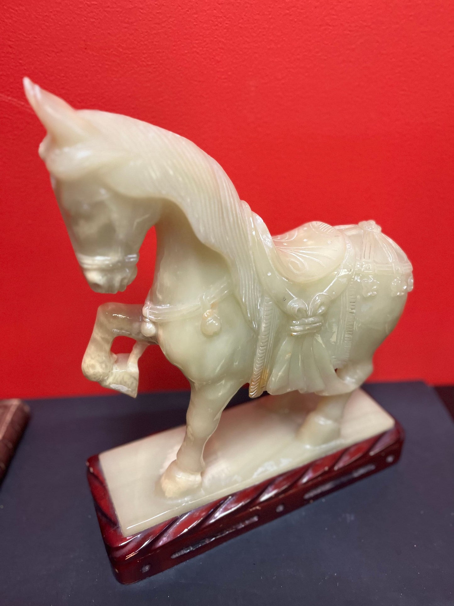 extremely rare and wonderful 13 x 15 high chinese stone horse on Rosewood base   believed to be jade or jadeite  very very heavy - wow