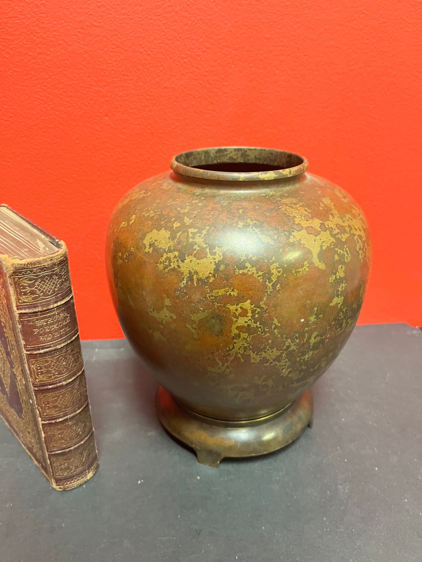 Stunning antique Japanese bronze, 8 inch vase on original stand  great patina - Super value