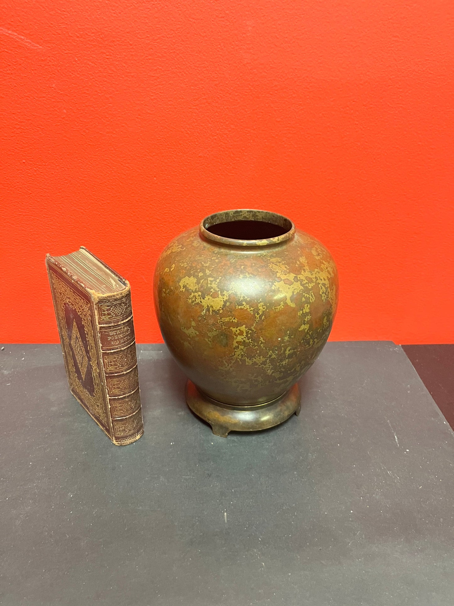 Stunning antique Japanese bronze, 8 inch vase on original stand  great patina - Super value