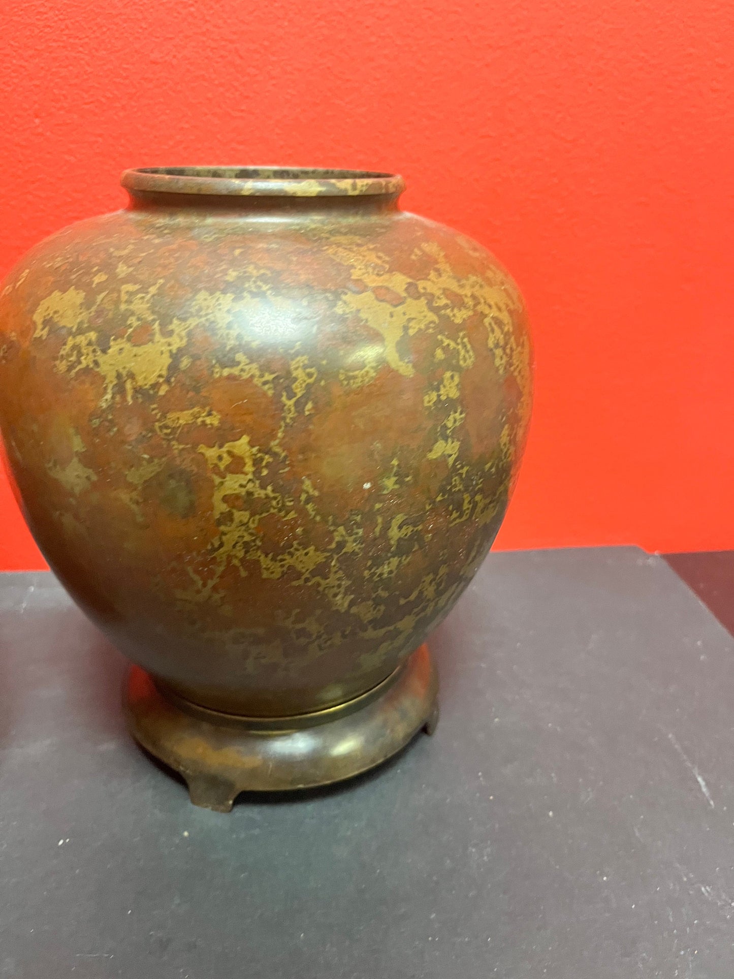 Stunning antique Japanese bronze, 8 inch vase on original stand  great patina - Super value