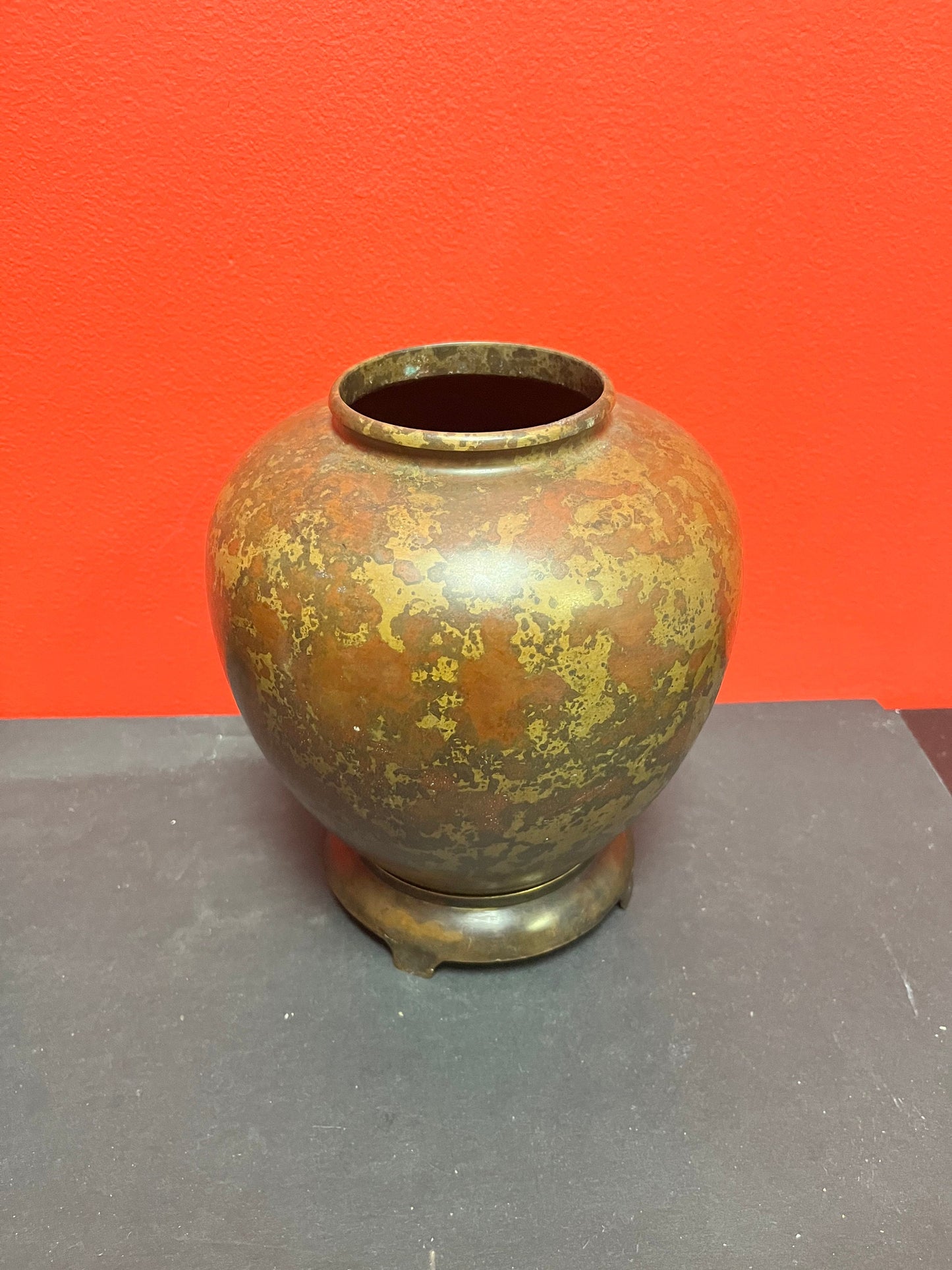 Stunning antique Japanese bronze, 8 inch vase on original stand  great patina - Super value