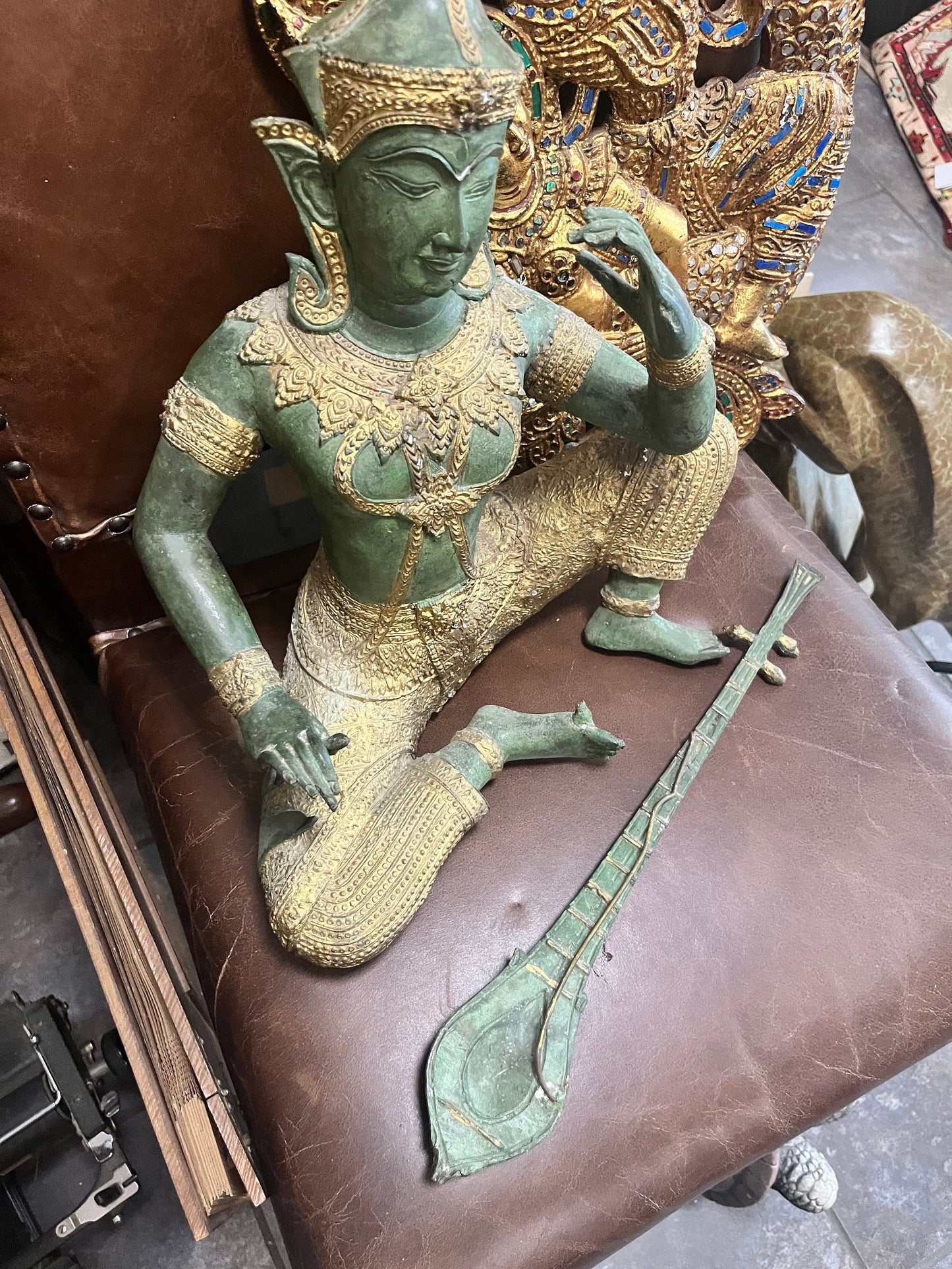 Huge 15 inch stunning antique Thai bronze gilded musician statue -  very very heavy  wonderful detail