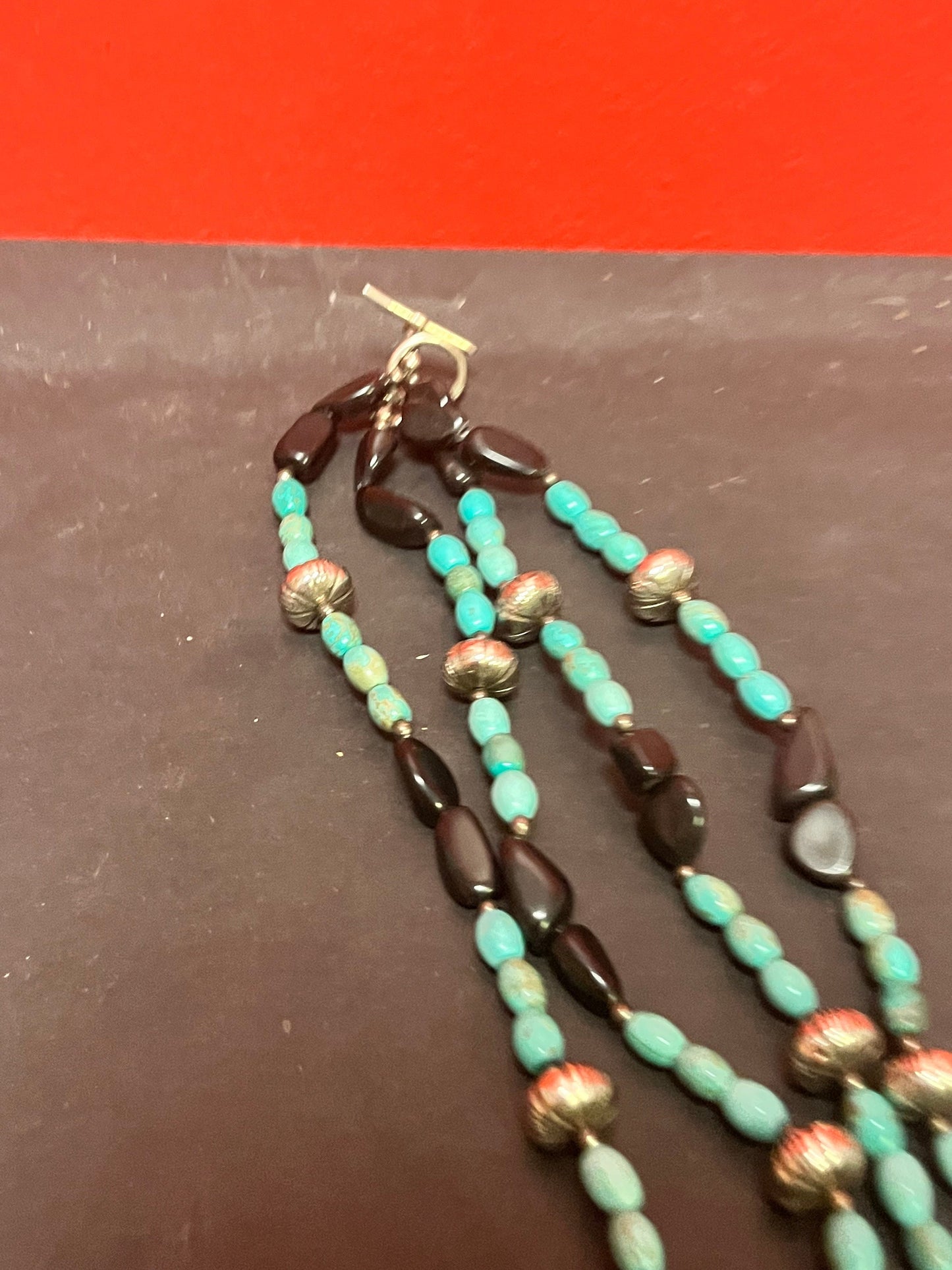Approximately 18 inches long total 36 inch double strand, turquoise,  silver and jet black stone necklace