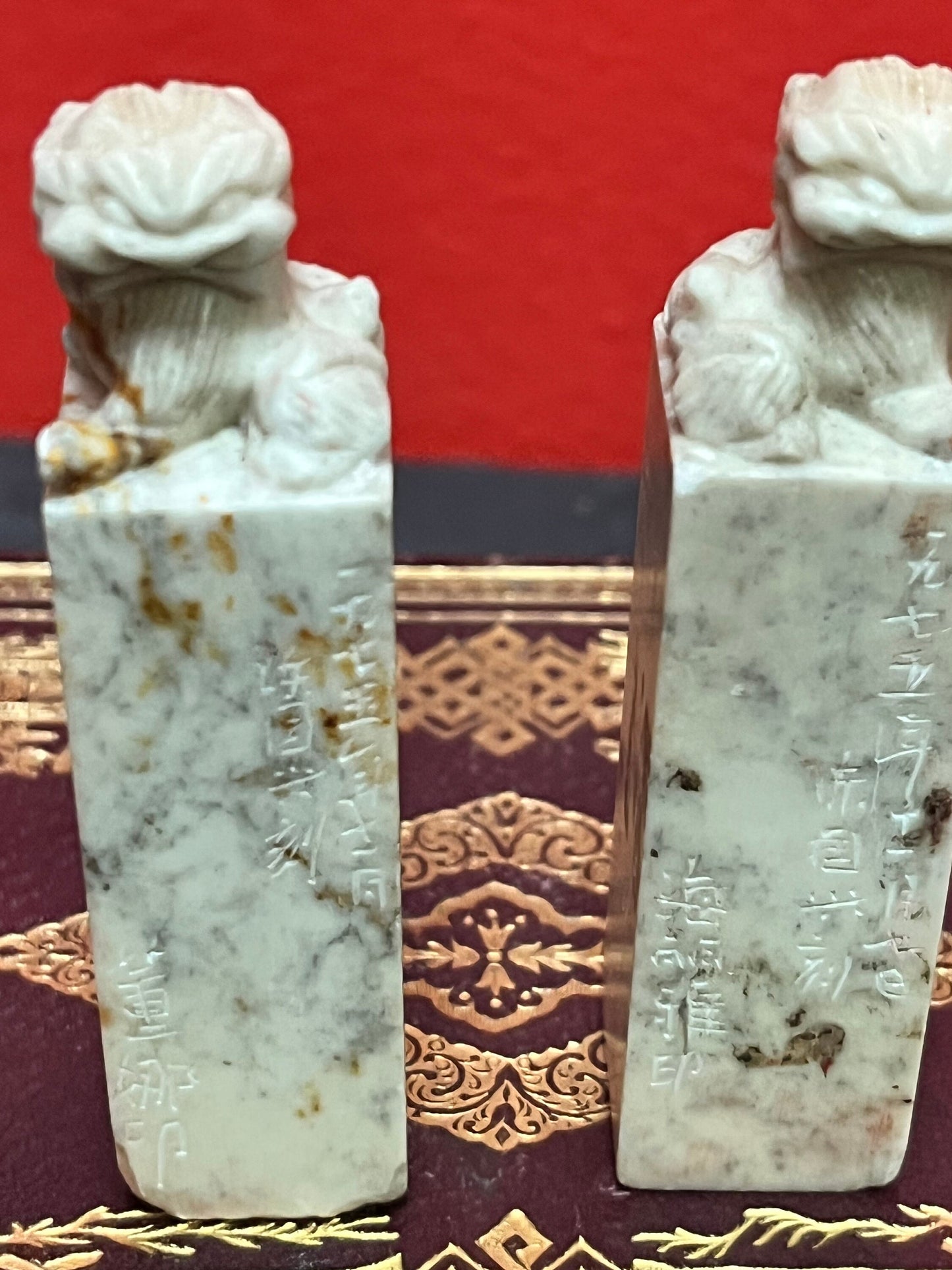 A  3 inch  chinese fabulous extensively signed soapstone dogs of foo stamps  well detailed