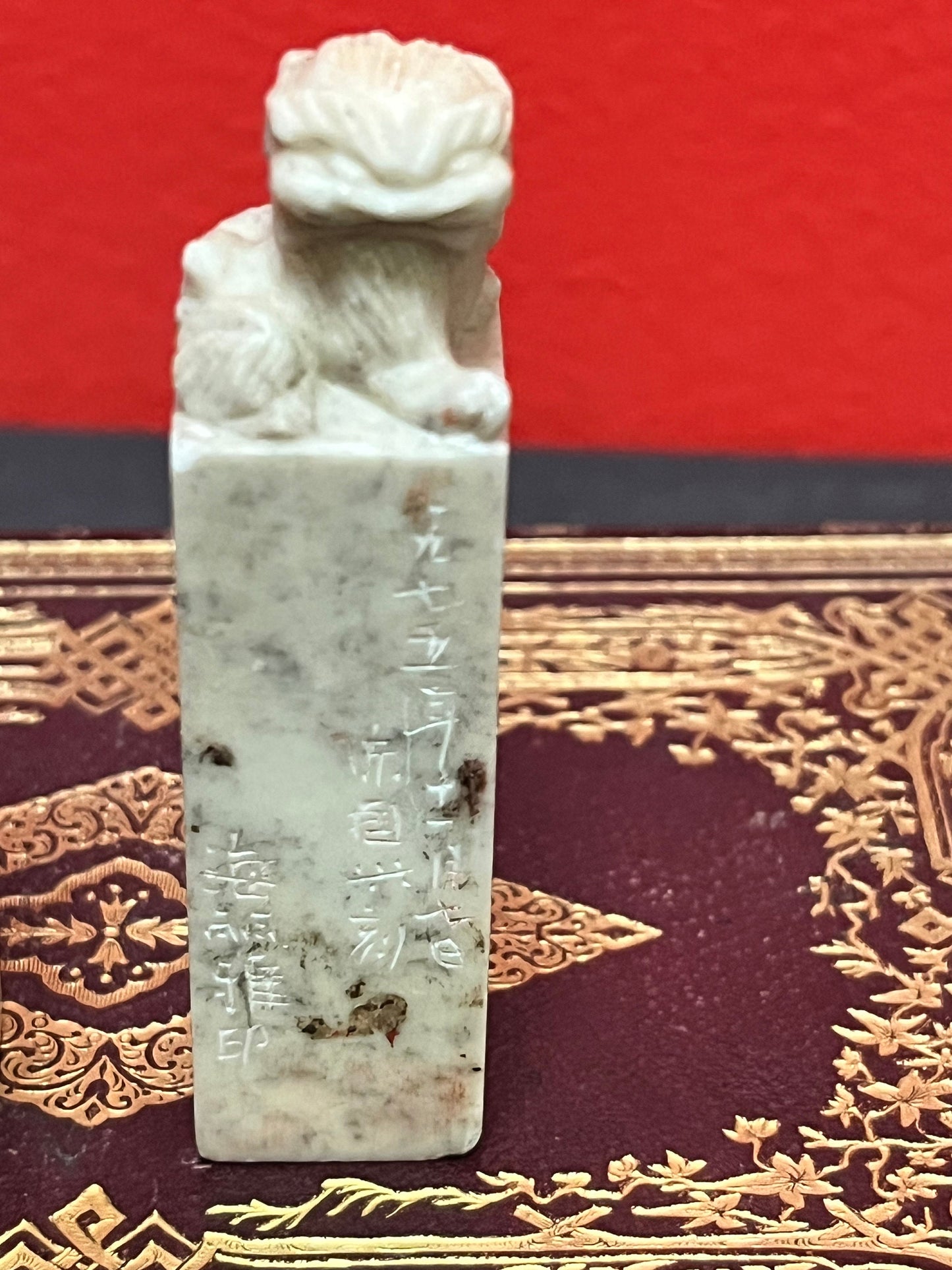 A  3 inch  chinese fabulous extensively signed soapstone dogs of foo stamps  well detailed