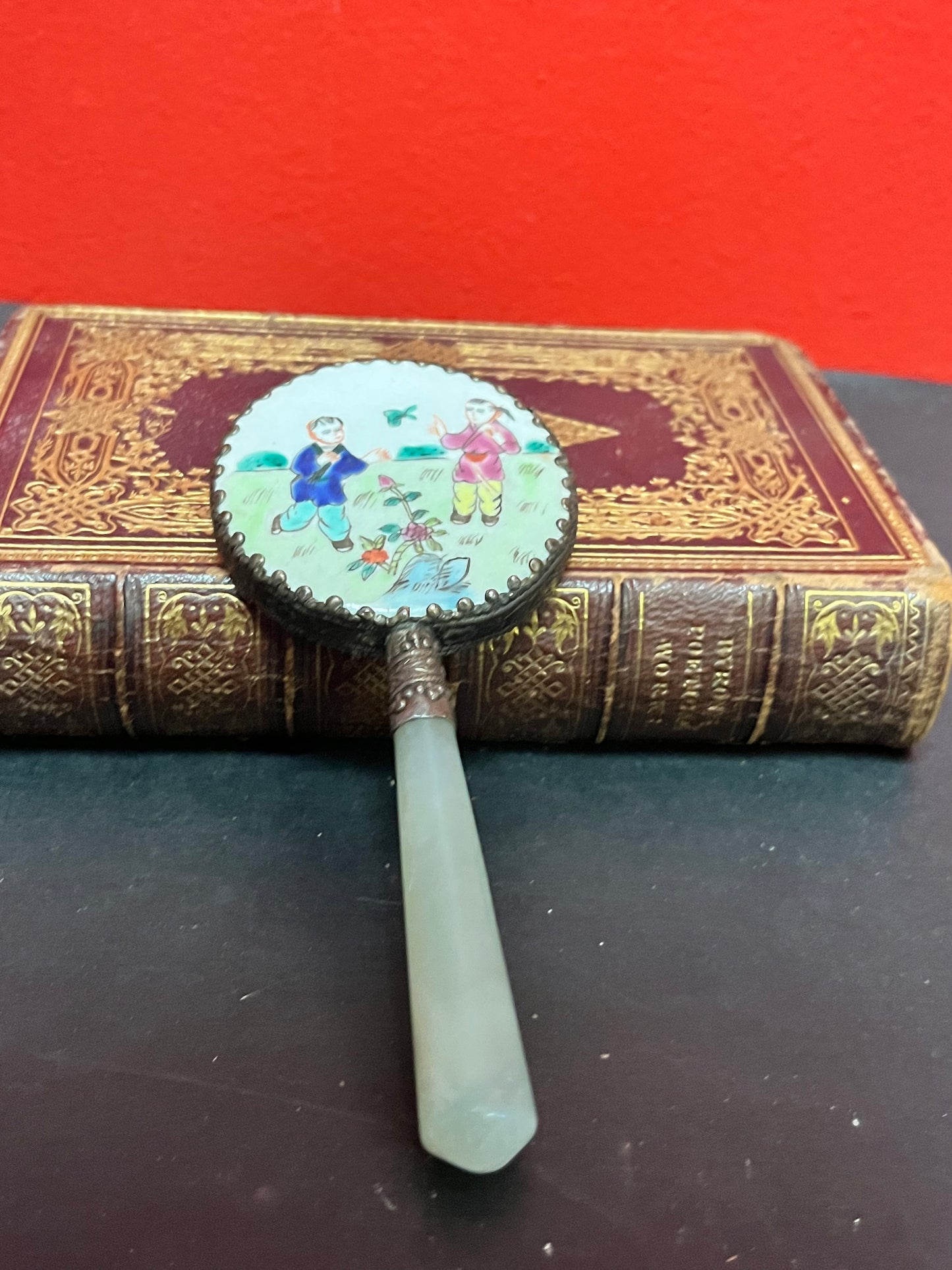 Stunning antique, 5 inch silver enamel and Jade hand mirror   lovely quality