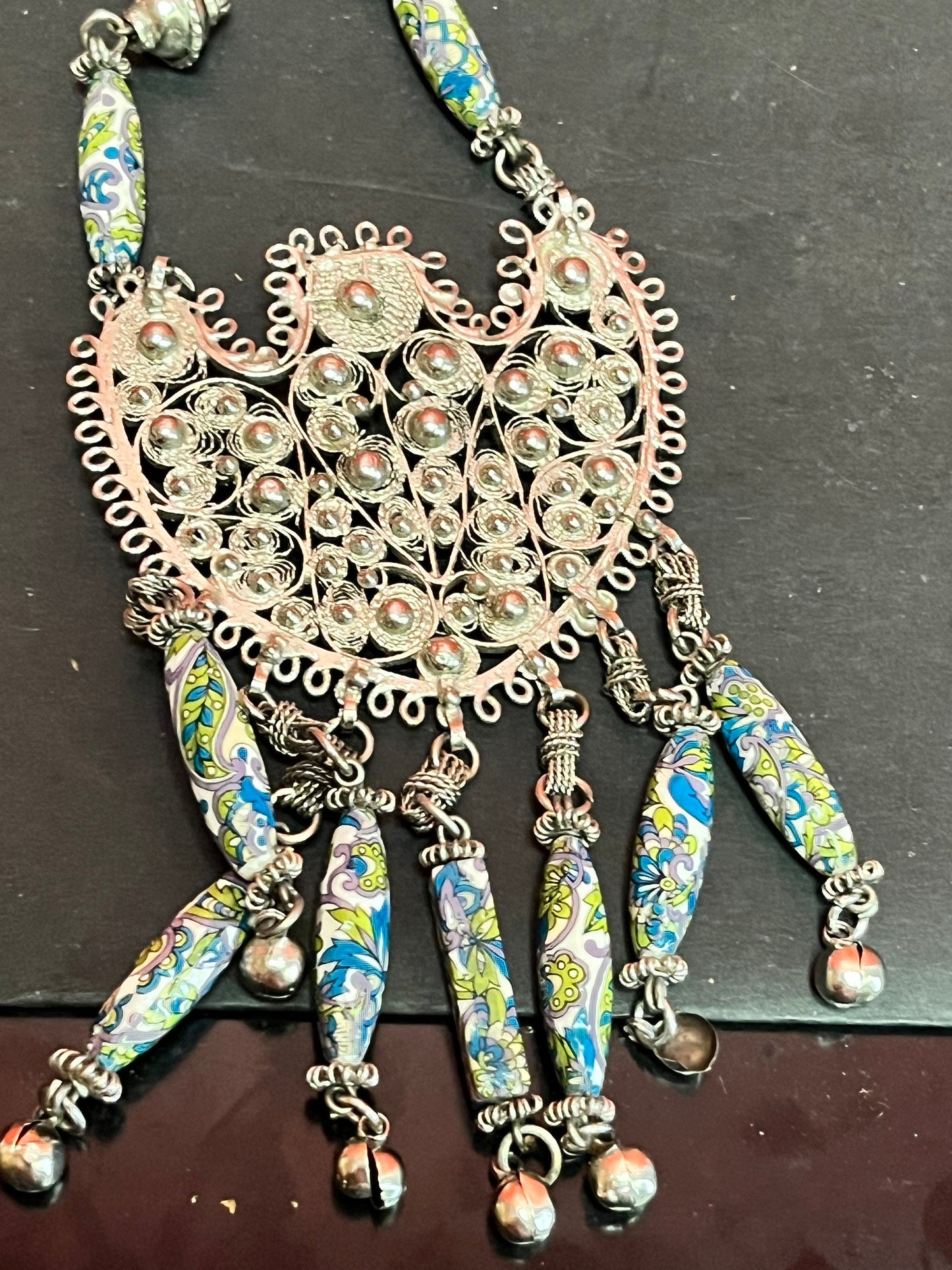Approximately 26 inch necklace with 6 inch pendant  Asian silver filagree and pottery beads  very unusual and wonderful