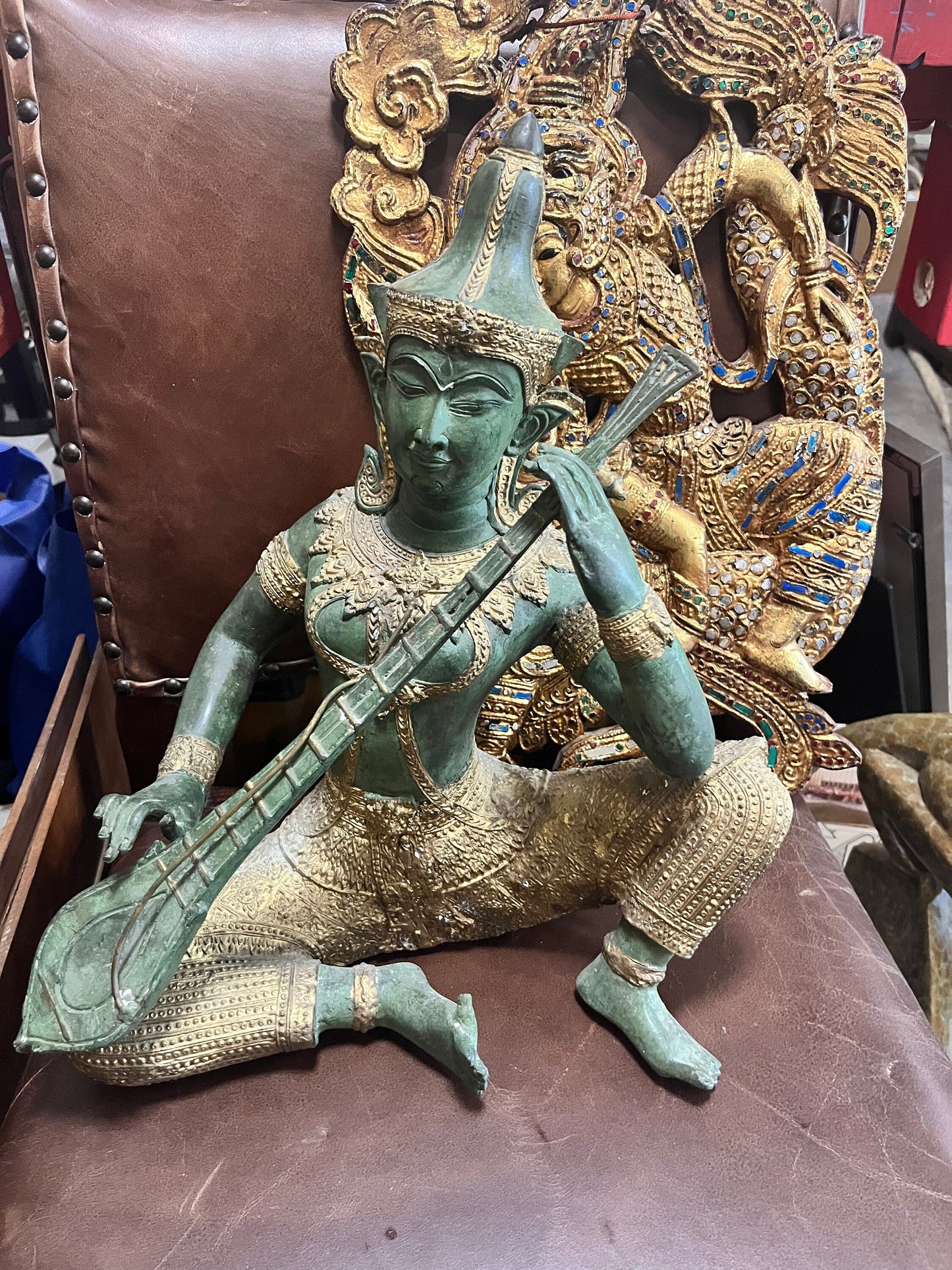 Huge 15 inch stunning antique Thai bronze gilded musician statue -  very very heavy  wonderful detail