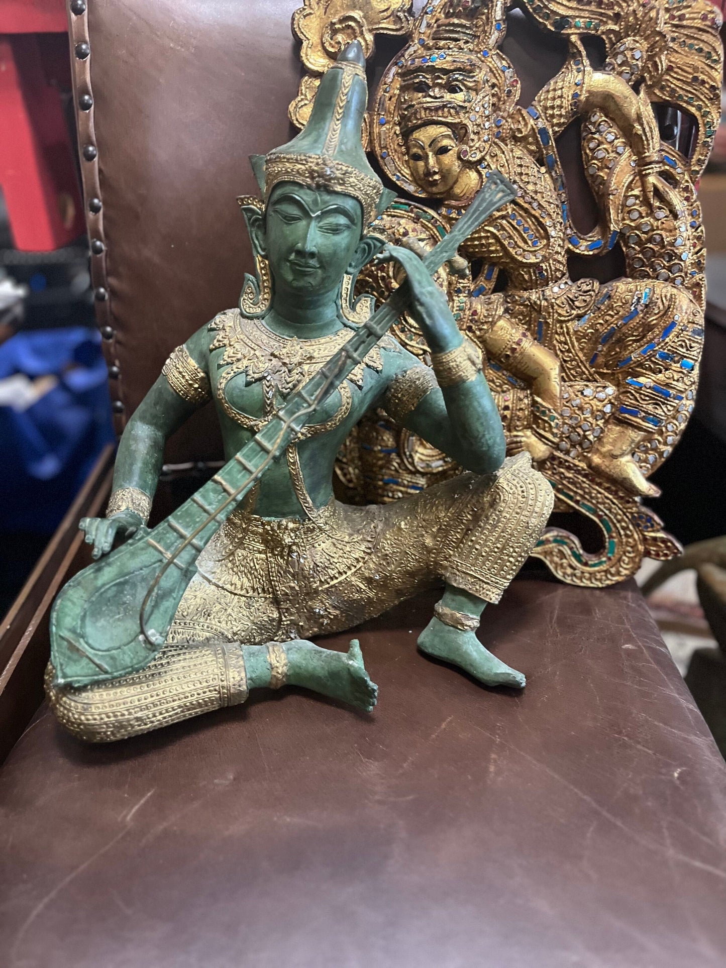 Huge 15 inch stunning antique Thai bronze gilded musician statue -  very very heavy  wonderful detail