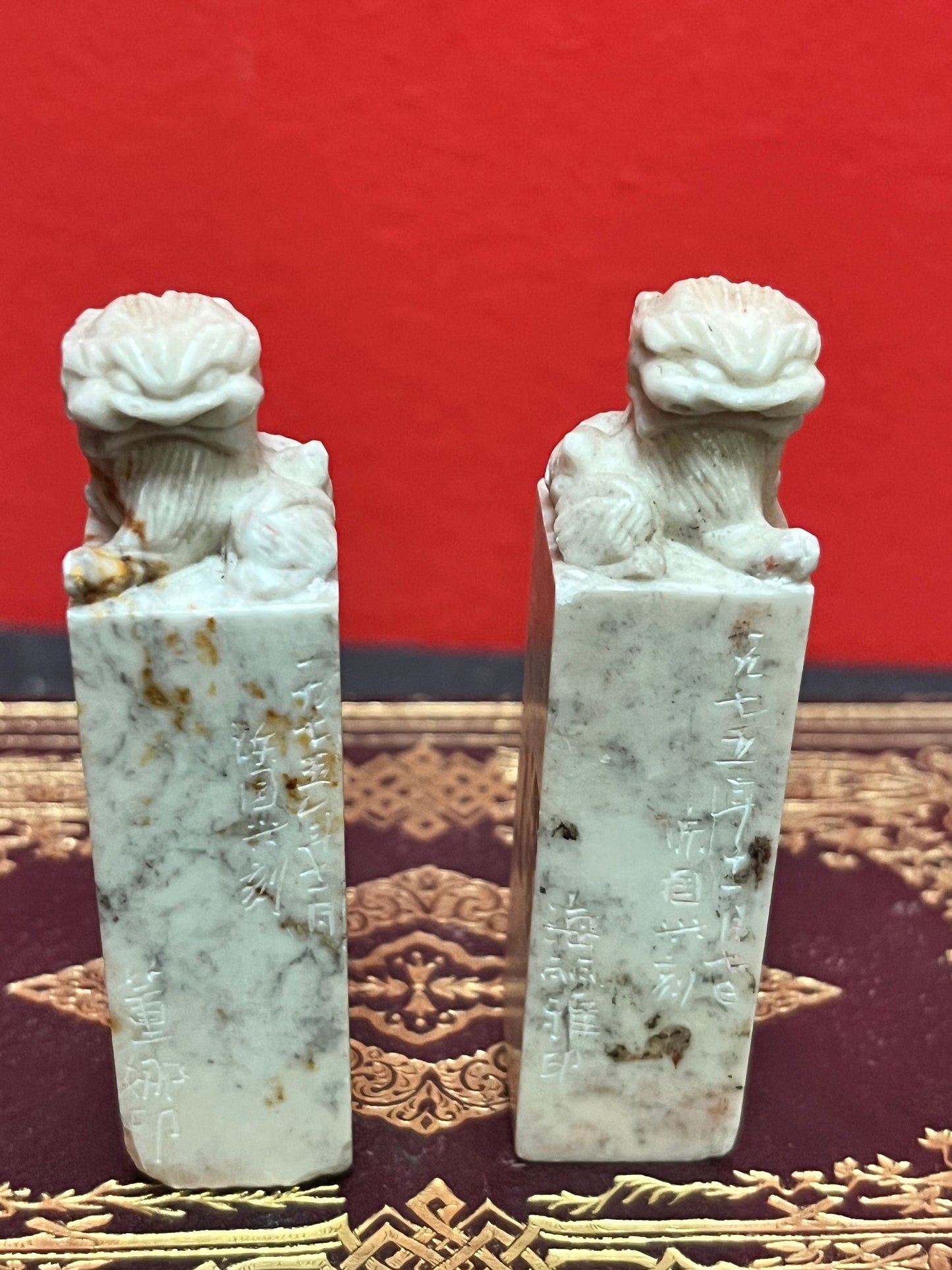 A  3 inch  chinese fabulous extensively signed soapstone dogs of foo stamps  well detailed