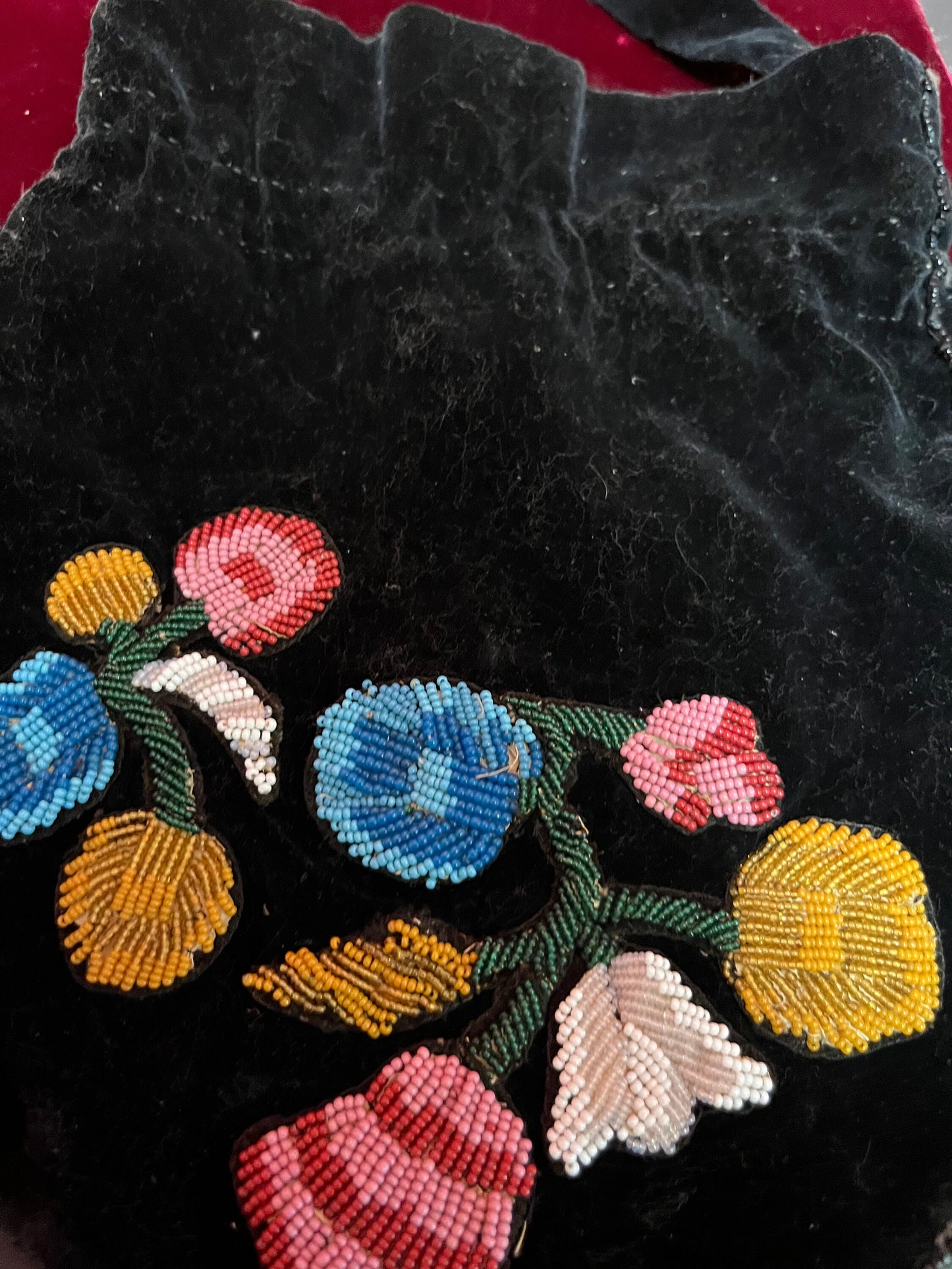 Lovely 14 inch long indigenous first nations velvet bag with beading  antique beauty  hunt and gather  wow - great condition