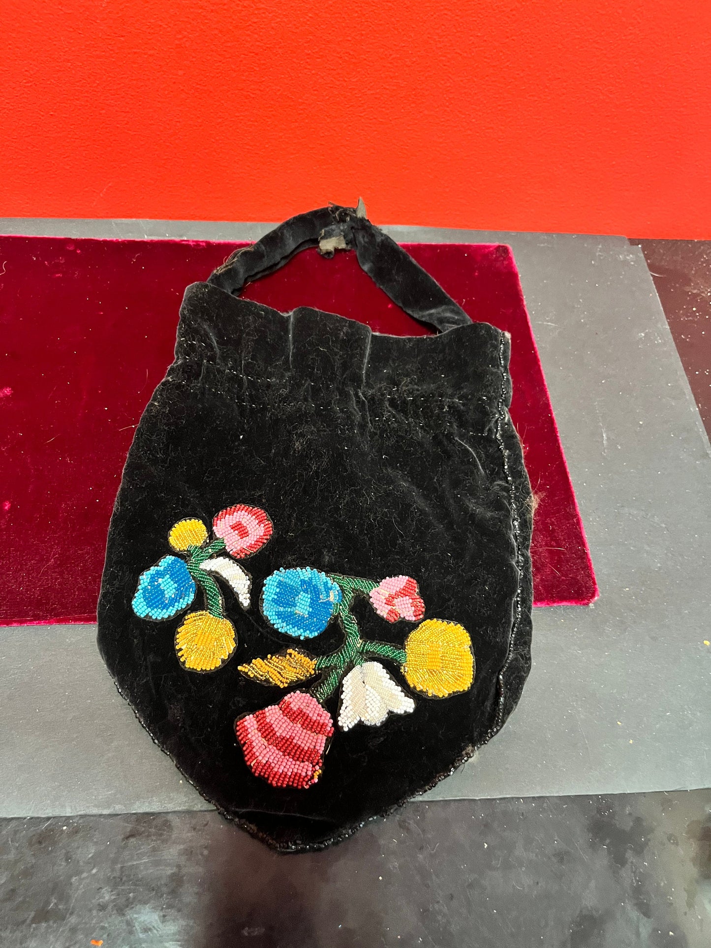 Lovely 14 inch long indigenous first nations velvet bag with beading  antique beauty  hunt and gather  wow - great condition