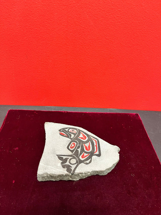 Fantastic indigenous first nations pacific northwest coast signed 6 inch painted rock  really cool  jumping fish