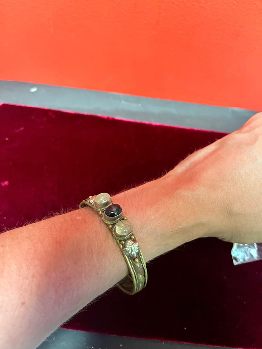 3 inch lovely copper silver and brass bracelet with cartouches  very cool