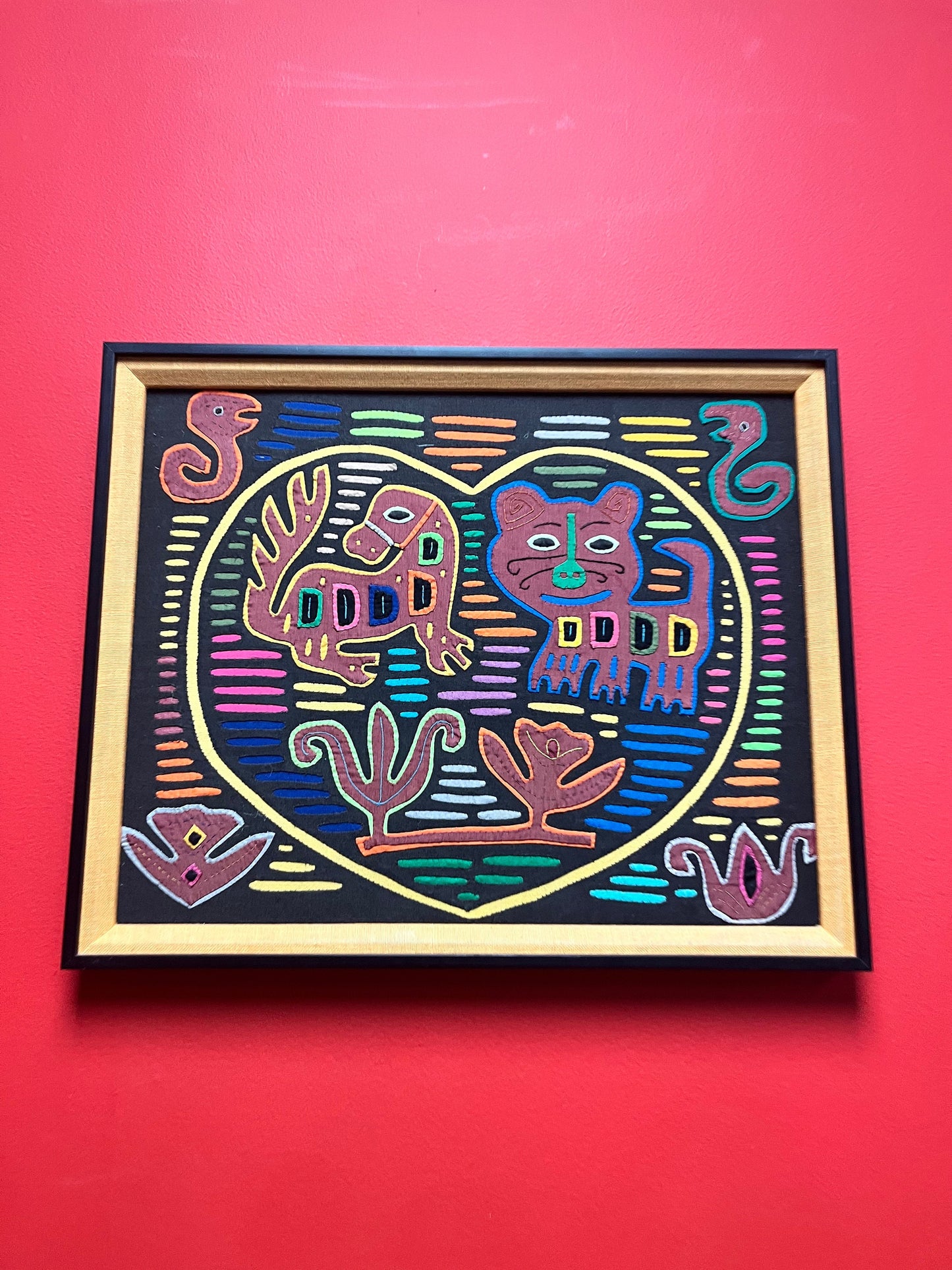 A  17 x 14 high fabulous South American mola on frame  wonderful detail and quality  great imagery