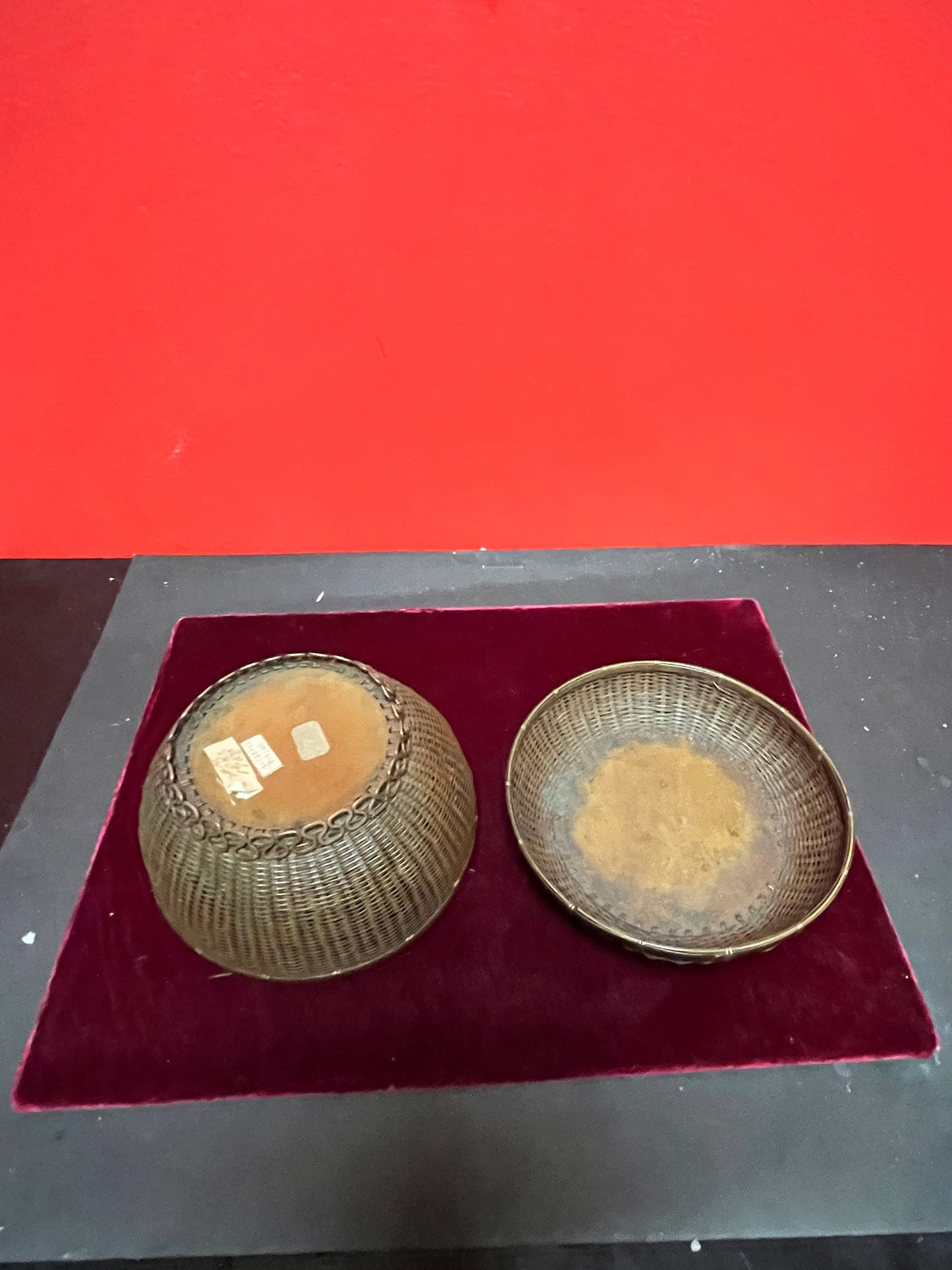 Unusual 19 century Japanese wicker and bronze box   lid fits exactly  great Patina About 6 x 4 high