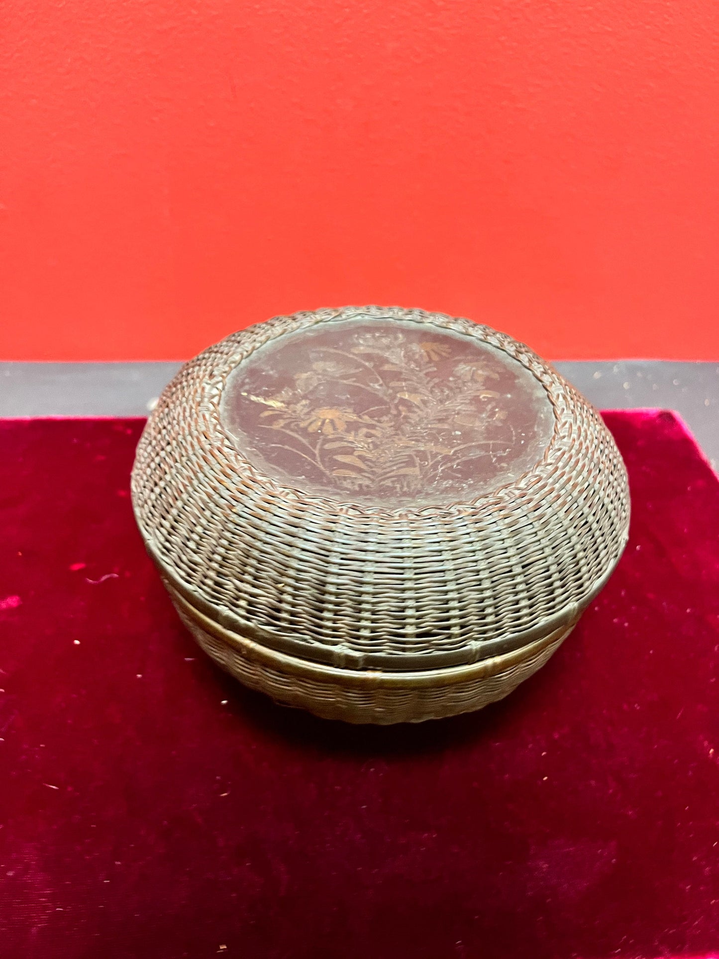 Unusual 19 century Japanese wicker and bronze box   lid fits exactly  great Patina About 6 x 4 high