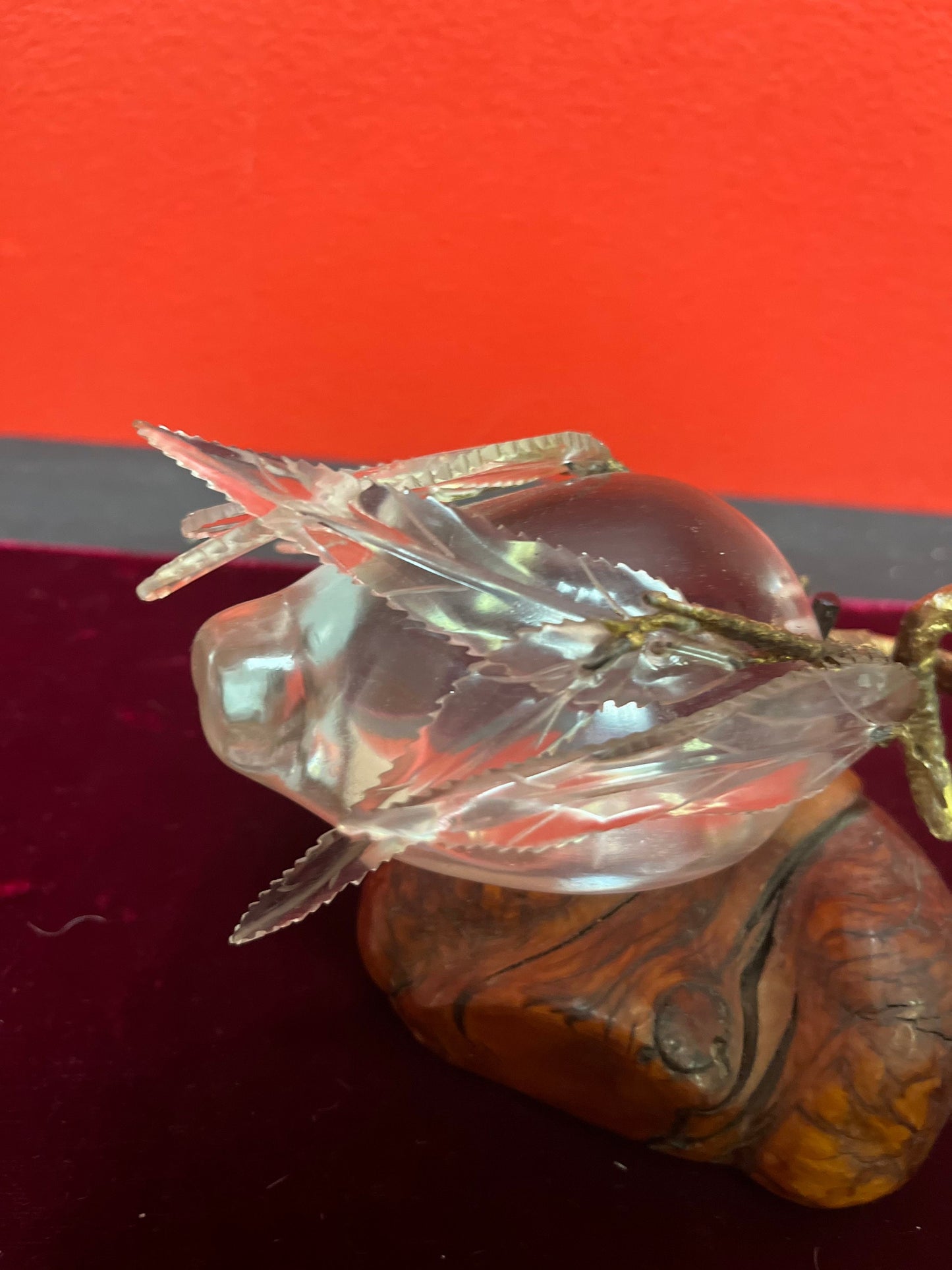 Magnificent 6 x 4 high antique Chinese rock crystal  pear in gilded bronze frame on live edge wood base  game changer