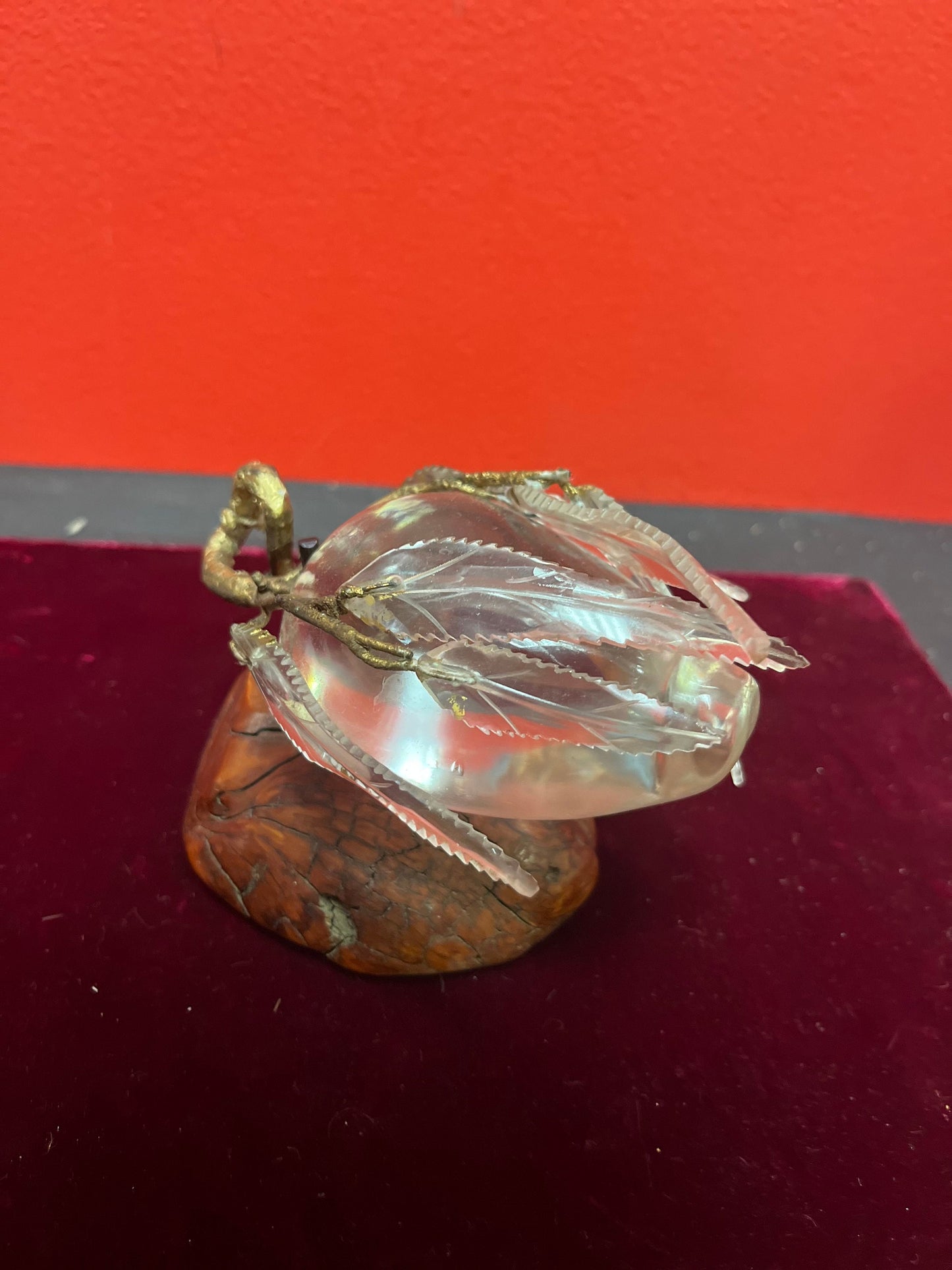 Magnificent 6 x 4 high antique Chinese rock crystal  pear in gilded bronze frame on live edge wood base  game changer