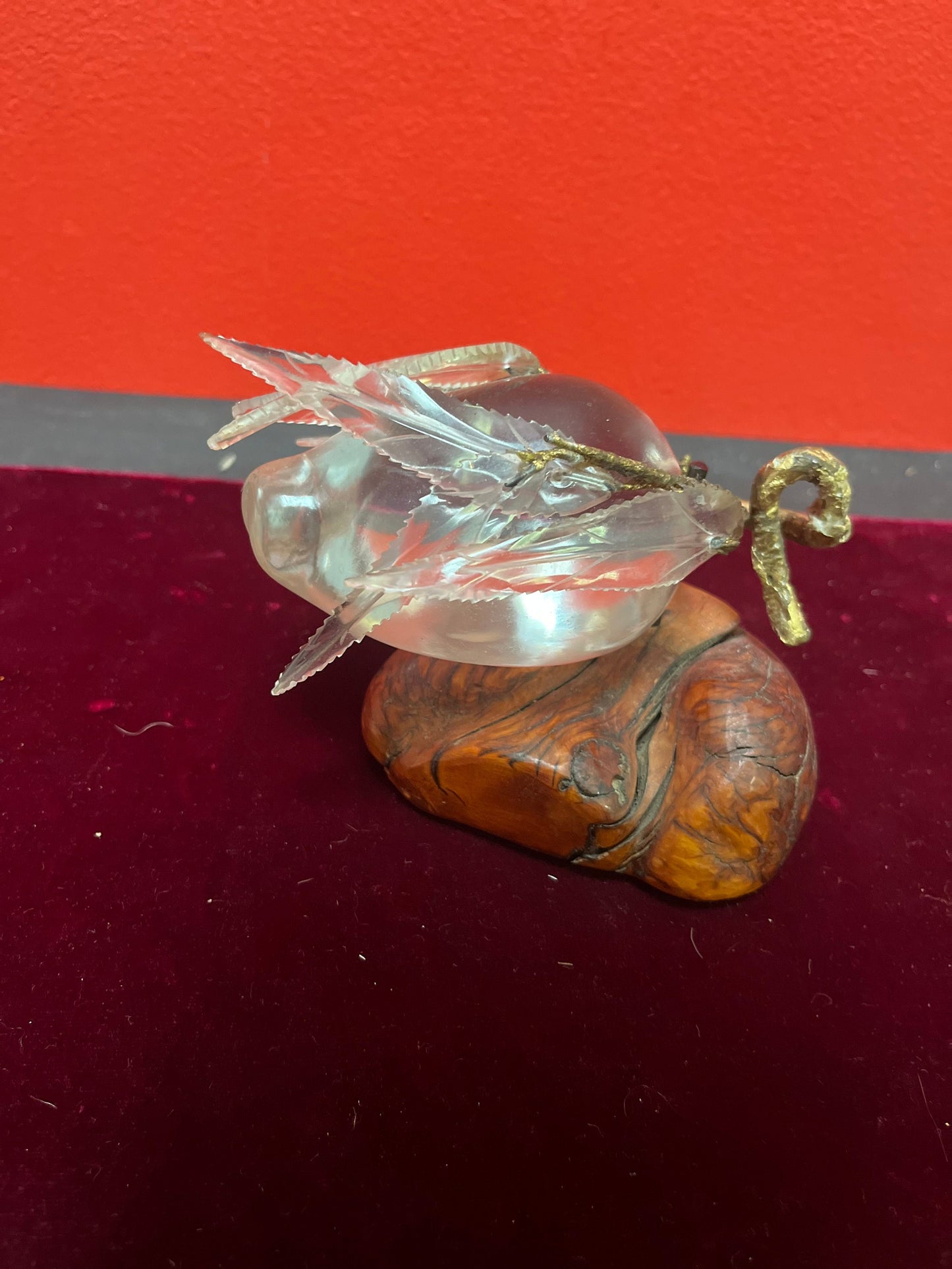 Magnificent 6 x 4 high antique Chinese rock crystal  pear in gilded bronze frame on live edge wood base  game changer