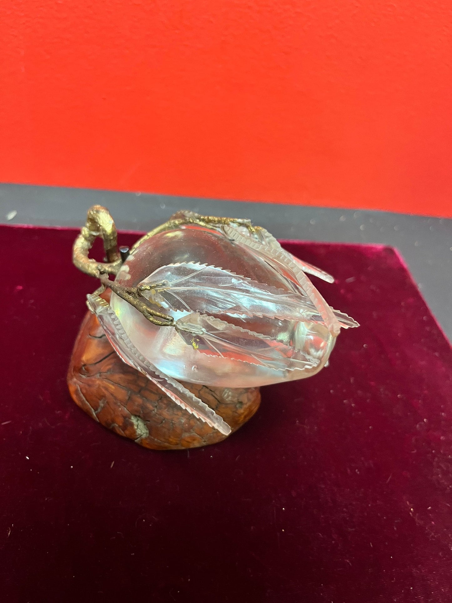 Magnificent 6 x 4 high antique Chinese rock crystal  pear in gilded bronze frame on live edge wood base  game changer