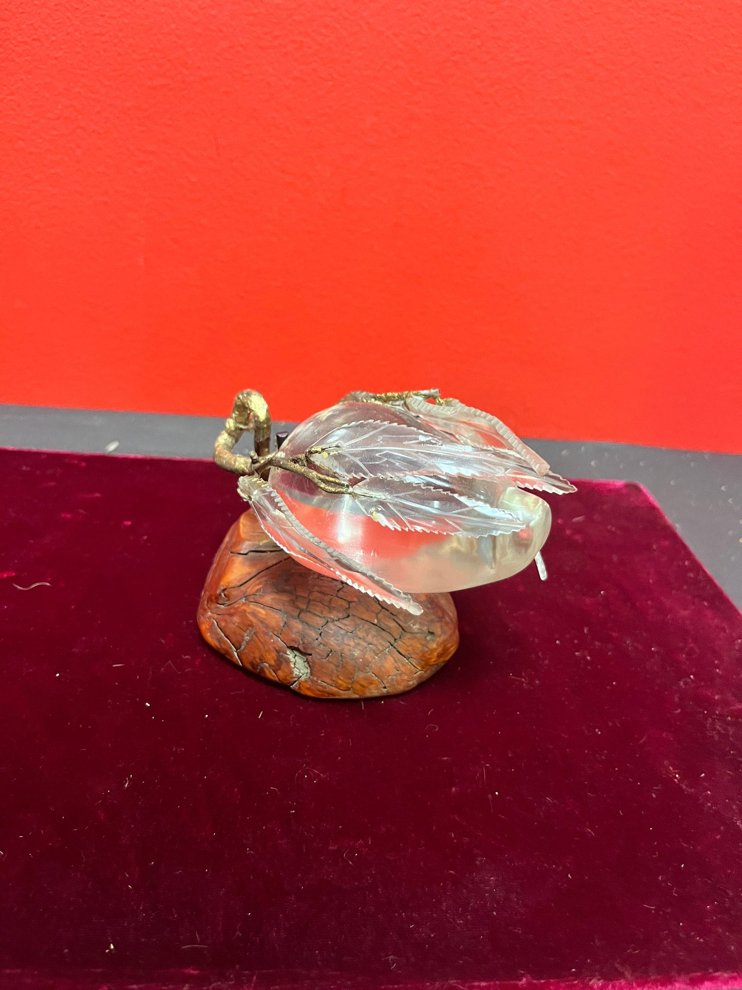 Magnificent 6 x 4 high antique Chinese rock crystal  pear in gilded bronze frame on live edge wood base  game changer