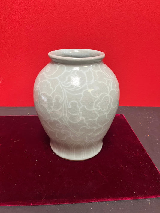 Rare museum quality antique Korean Goreyo celadon 918-1392 CE large vase in mint condition  8 inches tall