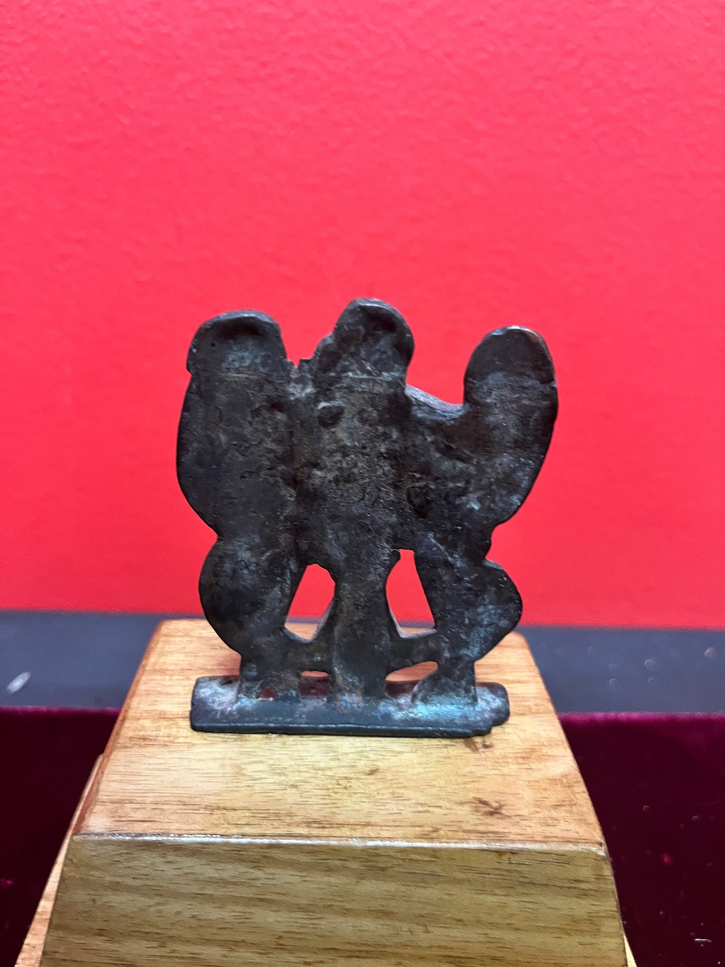 Museum quality  3 inch 18 century Indian karma Sutra bronze  on  3 inch wooden stand created later  great Patina  amazing piece