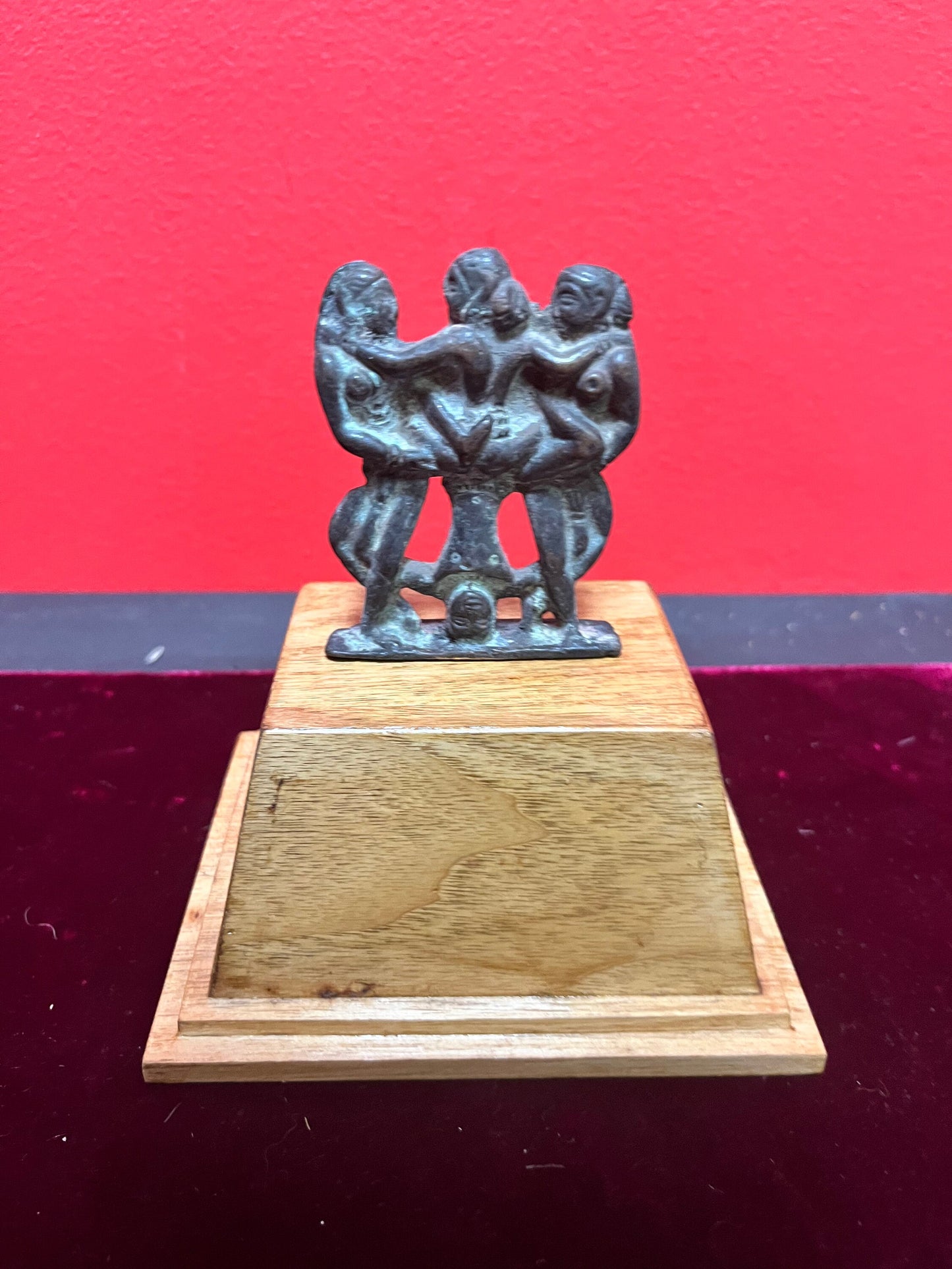 Museum quality  3 inch 18 century Indian karma Sutra bronze  on  3 inch wooden stand created later  great Patina  amazing piece