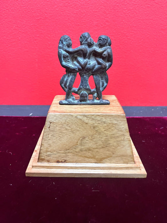 Museum quality  3 inch 18 century Indian karma Sutra bronze  on  3 inch wooden stand created later  great Patina  amazing piece
