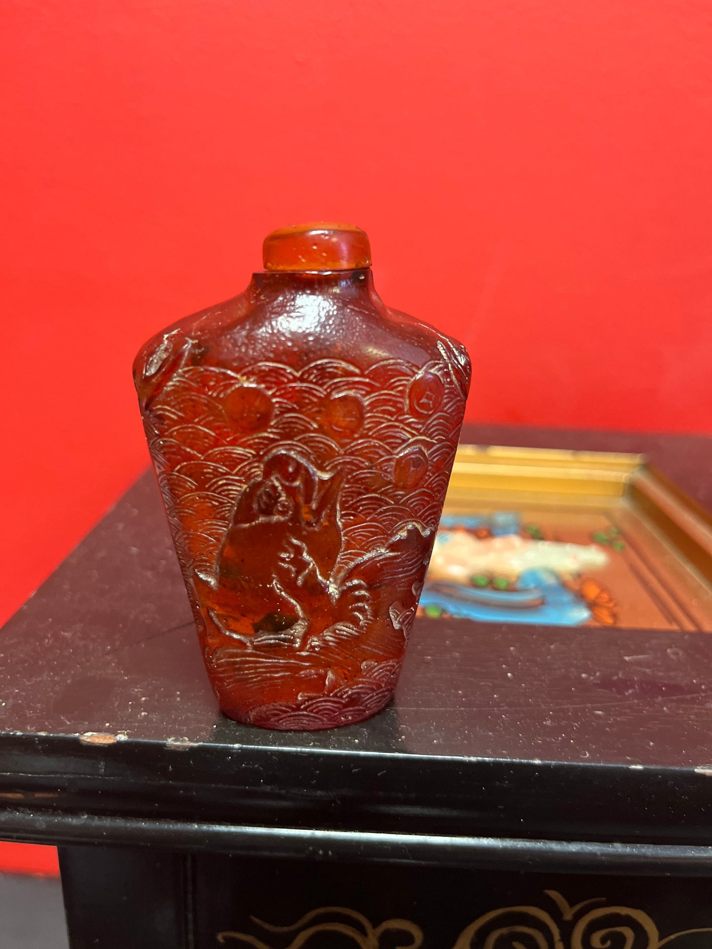 Rare antique Chinese museum quality carved amber snuff bottle with mystical beast decoration  wonderful piece