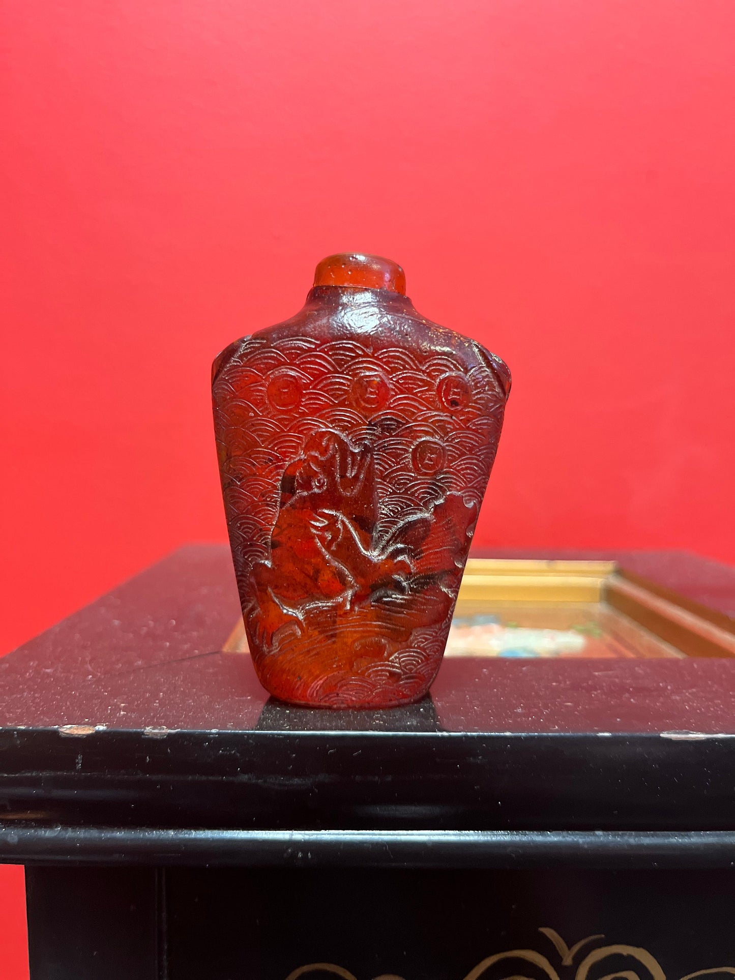 Rare antique Chinese museum quality carved amber snuff bottle with mystical beast decoration  wonderful piece